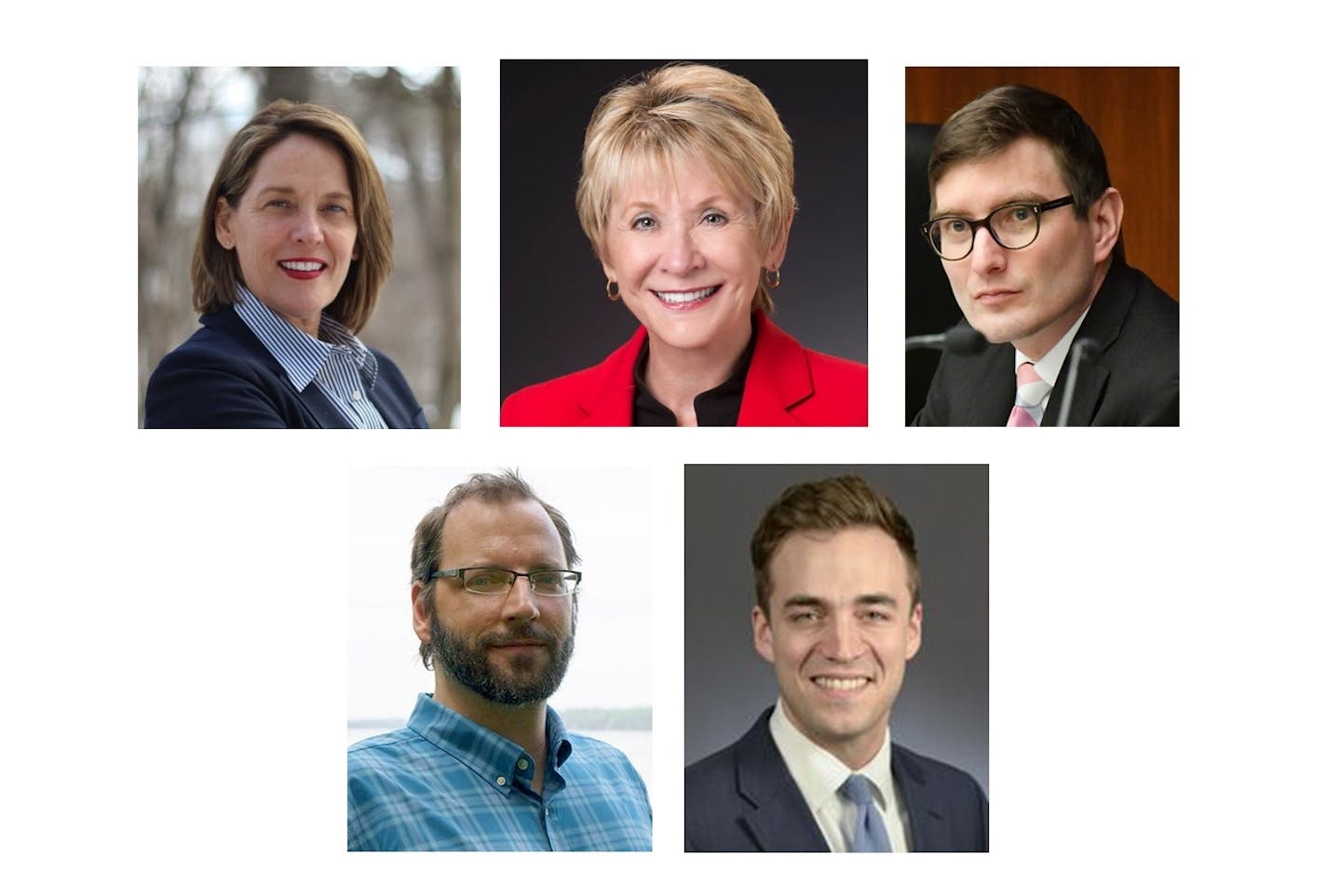 Clockwise from top left: Kirsten Kennedy, Michelle Lee, Jason Metsa, Joe Radinovich and Soren Sorensen, who are all running in the DFL primary for the 8th District congressional seat.