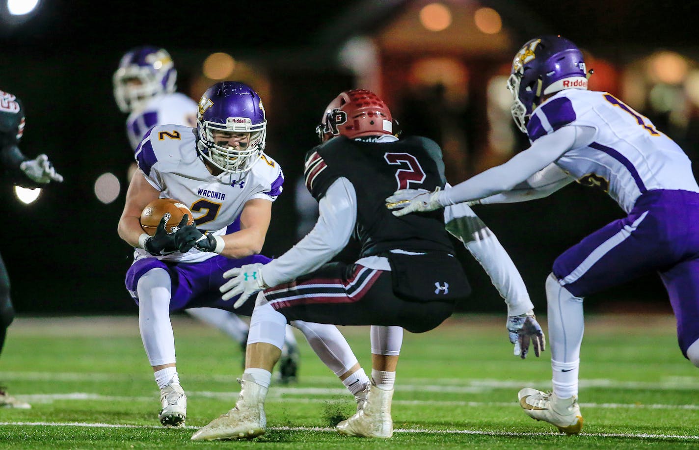 Waconia's Max Mcenelly (2) runs toward the goal line in the second quarter. Mcenelly scored a touchdown as Waconia took a 14-7 halftime lead at New Prague. Photo by Mark Hvidsten, SportsEngine