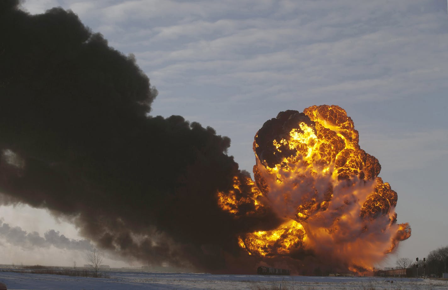 A fireball at the site of an oil train derailment near Casselton, N.D., on Dec. 30, 2013. The derailment forced 1,400 residents to evacuate for several days.