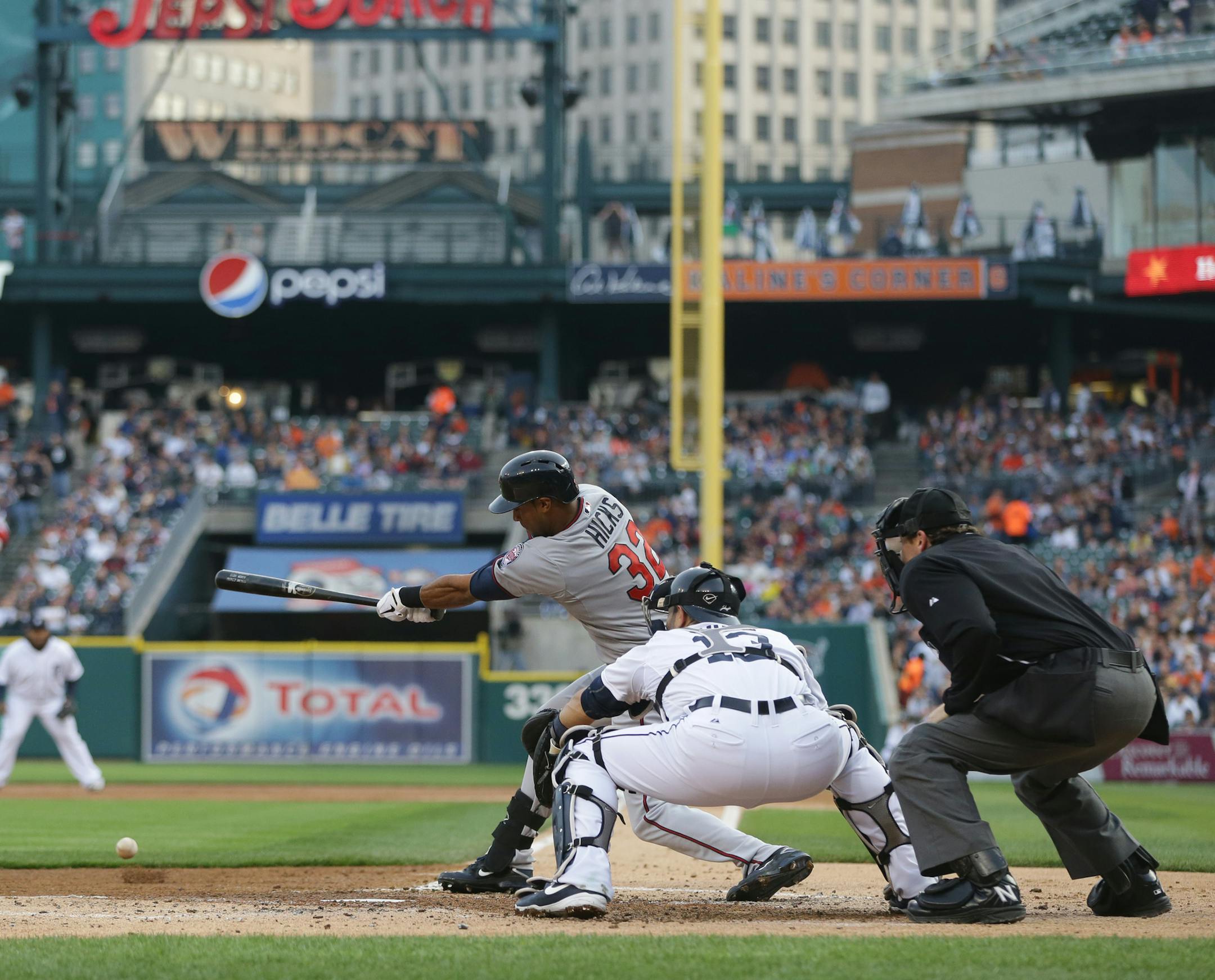 Minnesota Twins' Aaron Hicks bats during the second inning of a baseball game against the Detroit Tigers in Detroit, Monday, April 29, 2013. (AP Photo/Carlos Osorio)