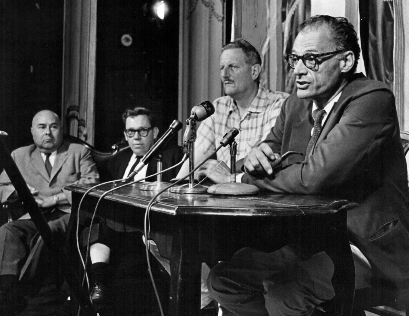 August 23, 1963 Arthur Miller at Showboat Press Conference - In background was Sir Tyrone Guthrie Styles change, in theater as elsewhere; and in the opinion of playwright Arthur Miller, the &#x201a;&#xc4;&#xfa;firecracker play'' is getting to be old hat. Miller, in Minneapolis Thursday for a theater sym&#xac;&#x2260;posium at the University of Minnesota Showboat, defined the &#x201a;&#xc4;&#xfa;firecracker play&#x201a;&#xc4;&#xf9; as one concerned more with &#x201a;&#xc4;&#xfa;shocking the bourg