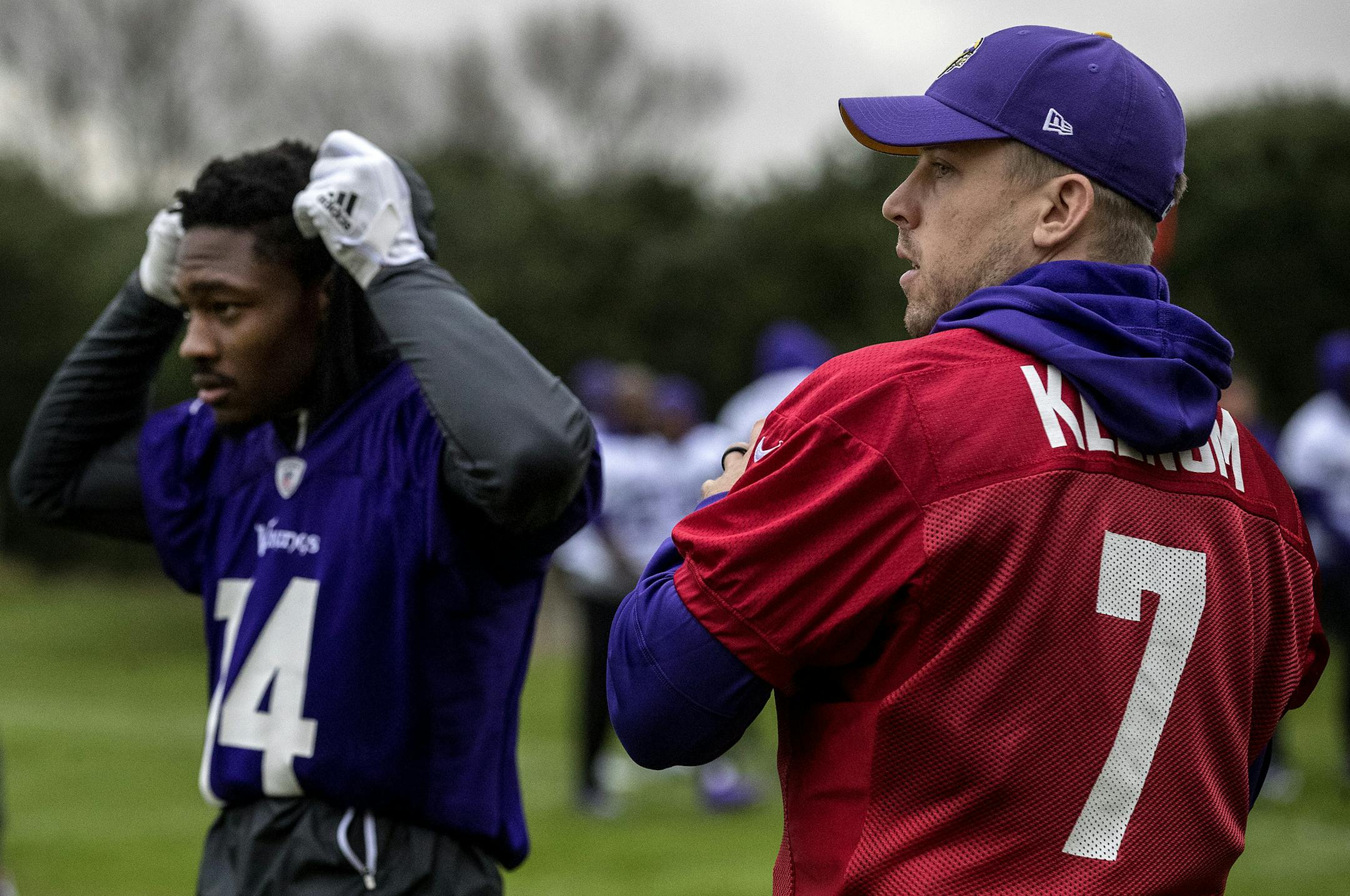 Minnesota Vikings receiver Stefon Diggs (14) and quarterback Case Keenum (7) during practice field at Syon House outside of London in preparation for a game vs. the Cleveland Browns. ] CARLOS GONZALEZ &#xef; cgonzalez@startribune.com - October 26, 2017, London, England, UK, NFL, Minnesota Vikings vs. Cleveland Browns, Practice at Syon House