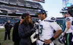 Seattle quarterback Russell Wilson (being interviewed by Fox sideline reporter Pam Oliver) has established himself as an MVP contender this season, an