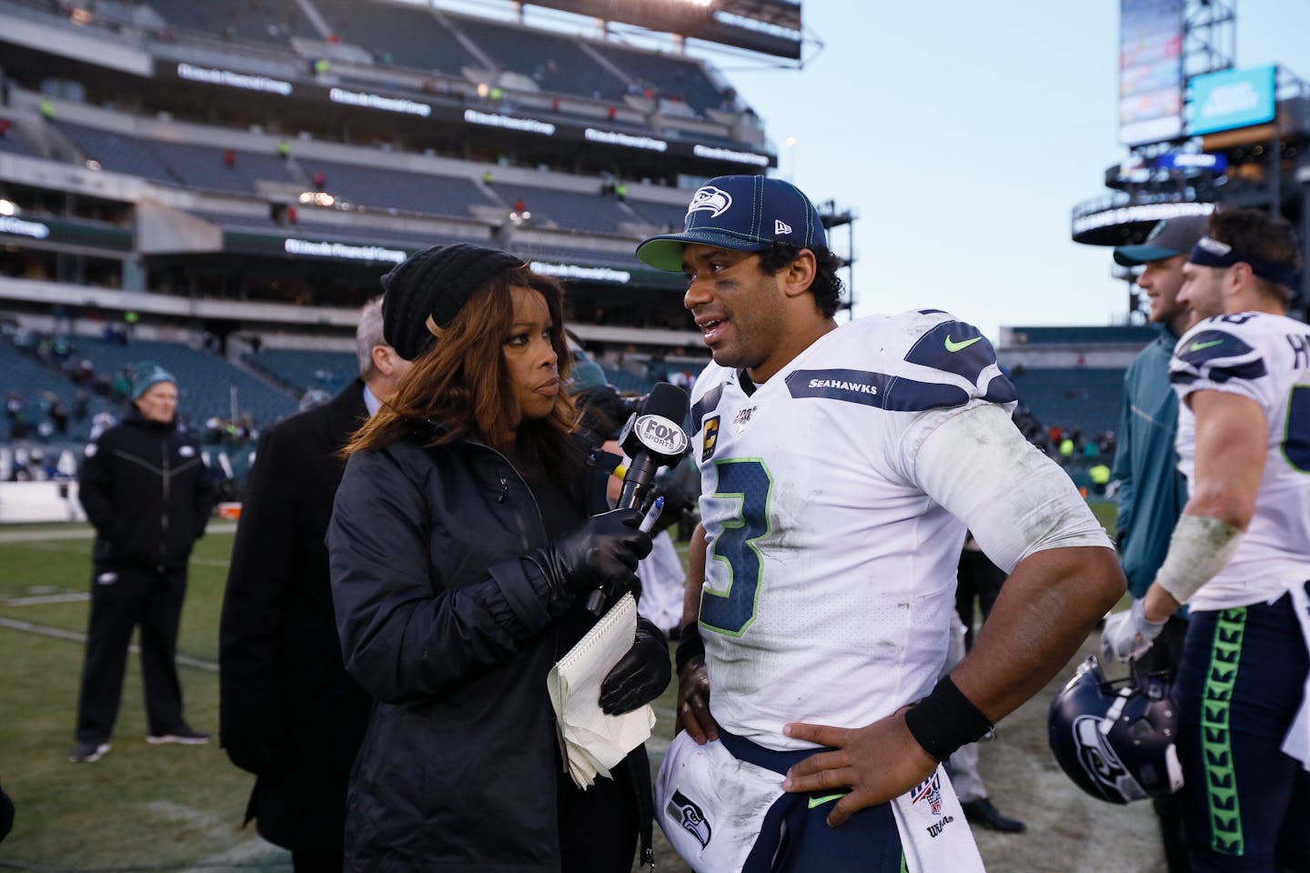 Seattle quarterback Russell Wilson (being interviewed by Fox sideline reporter Pam Oliver) has established himself as an MVP contender this season, and those 31 years haven't slowed him much.