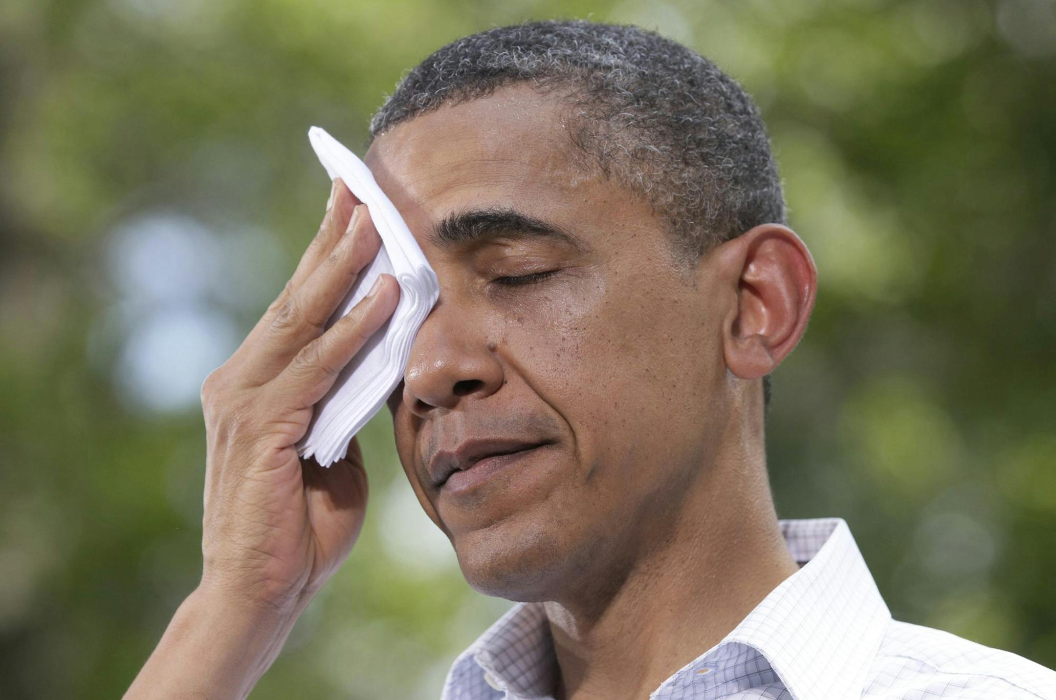 President Barack Obama wipes his brow as he speaks during a town hall meeting at Lower Hannah's Bend Park in Cannon Falls, Minn., Monday, Aug. 15, 2011. (AP Photo/Carolyn Kaster)