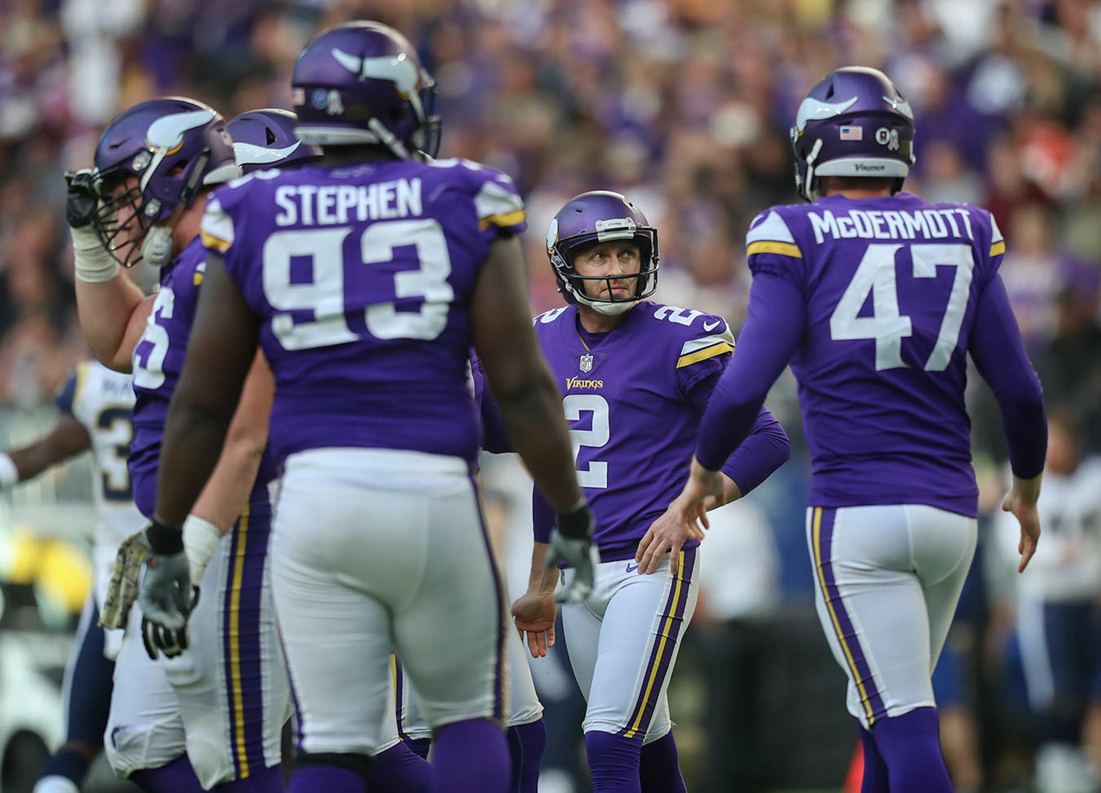 Vikings kicker Kai Forbath looks back at the replay screen after missing his 2nd fieldgoal.