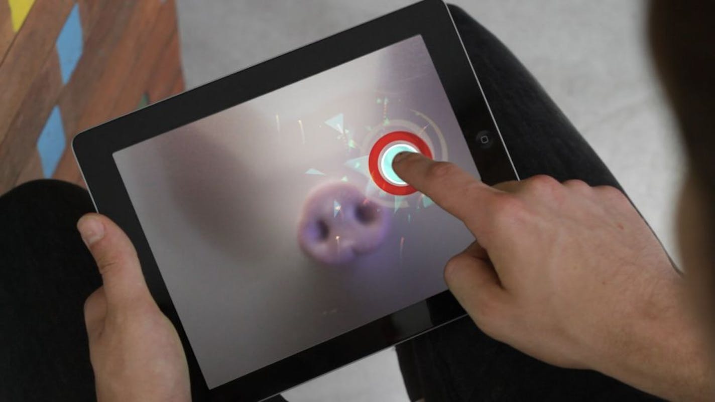 Pig Chase is a video game that gets people to play with farm pigs through a computer tablet and a wall-sized projection screen. Game designers discovered that pigs respond strongly to lights and will follow them. Credit: Playing With Pigs