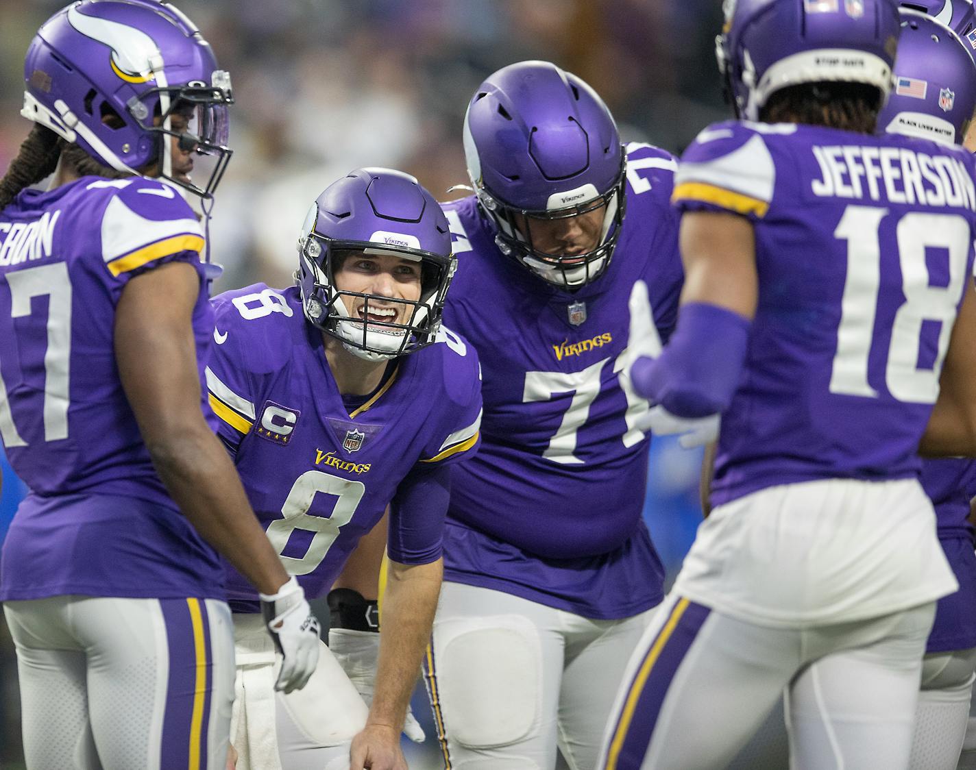 Vikings quarterback Kirk Cousins (8) in the huddle in the third quarter, Sunday, Dec. 26, 2021 in Minneapolis, Minn. The Minnesota Vikings hosted the Los Angeles Rams at U.S. Bank Stadium. ] ELIZABETH FLORES • liz.flores@startribune.com