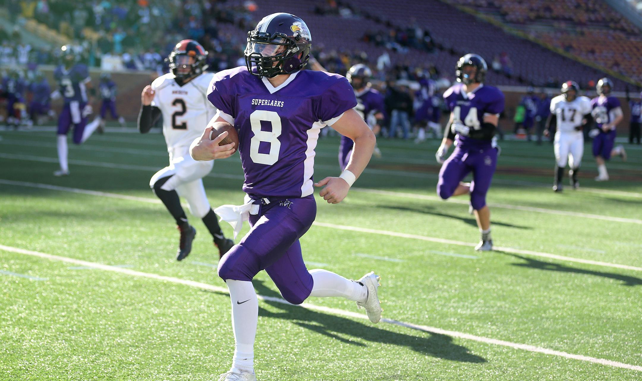 Grand Meadow's Michael Stejskal runs in for a touchdown in the second half. ] (Leila Navidi/Star Tribune) leila.navidi@startribune.com Grand Meadow plays against Underwood in the Nine-Man division state championship at TCF Bank Stadium in Minneapolis on November 13, 2015. Grand Meadow took the championship 34-20.
