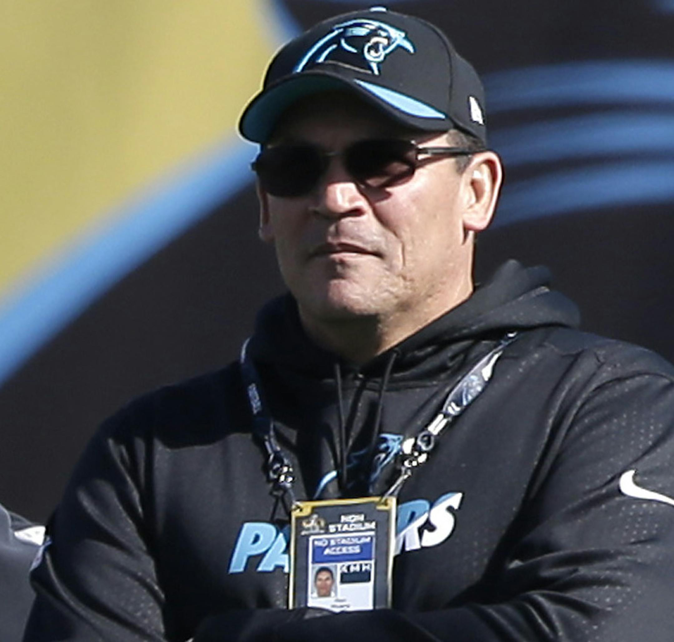 Carolina Panthers head coach Ron Rivera watches his team stretch during practice in preparation for the Super Bowl 50 football game Friday Feb. 5, 2016 in San Jose, Calif. (AP Photo/Marcio Jose Sanchez)