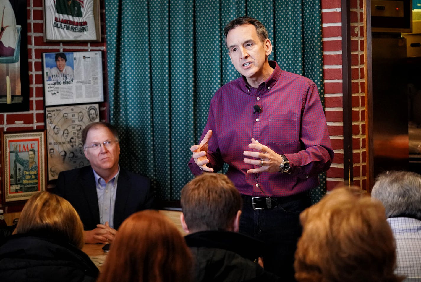 Former Gov. Tim Pawlenty greets supporters on Friday, April 6, 2018 during his first public appearance after entering the race to seek a historic third term as Minnesota governor. He answered questions from the press at Hovies Grill in Eagan, Minn. (Glen Stubbe/Minneapolis Star Tribune/TNS) ORG XMIT: 1231206