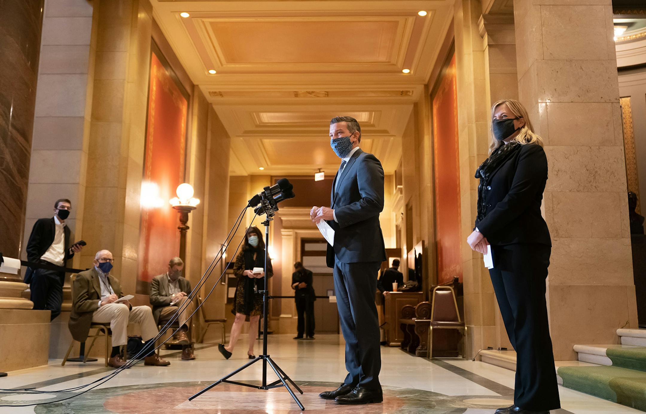 House Majority Leader Ryan Winkler, DFL-Golden Valley and House Speaker Melissa Hortman, DFL-Brooklyn Park spoke outside the House Chamber before the start of the Wednesday special session.