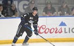May 21, 2021: Fargo Force defenseman Jack Peart (4) skates with the puck during game three of the Clark Cup championship USHL series between the Chica