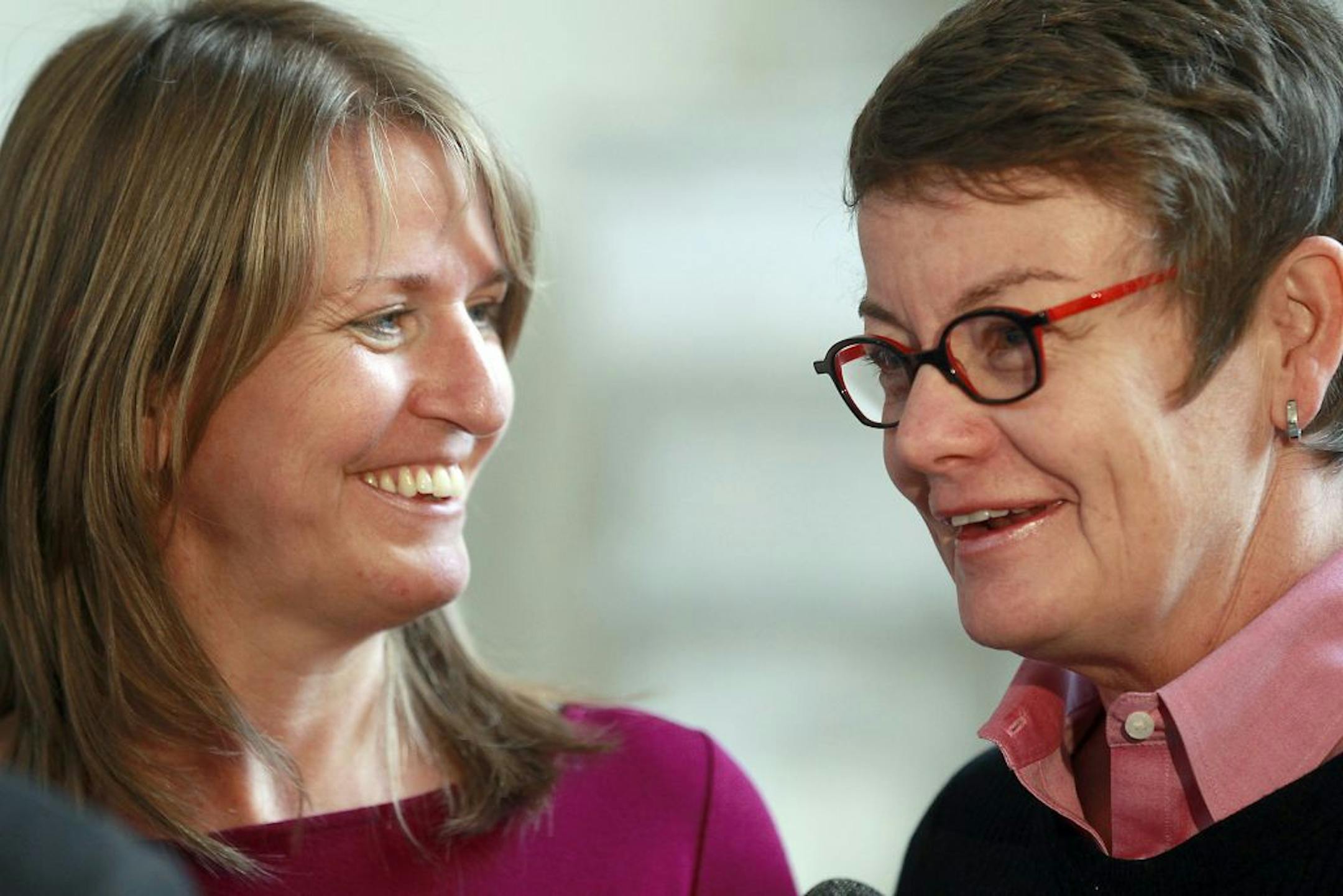 Plaintiffs Kris Perry, right, and Sandy Stier, left, speak at a Los Angeles, California, news conference on February 7, 2012, after a federal appeals court struck down California's ban on same�sex marriage, clearing the way for the U.S. Supreme Court to rule on gay marriage. "As much as Sandy and I want to be married, we want everyone � in the United States to able to be married," Perry said. "We�ve learned how to be really patient and understanding of this process."