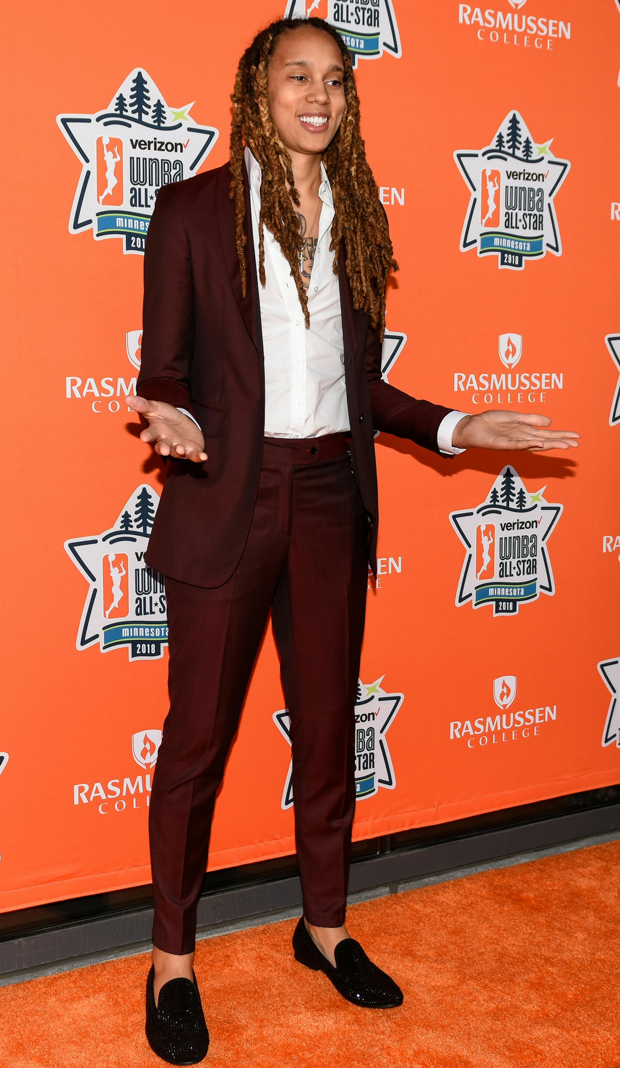 Phoenix Mercury center Brittney Griner posed for photos on the orange carpet Friday. ] AARON LAVINSKY ï aaron.lavinsky@startribune.com The WNBA held its All-Star game Orange Carpet event on Friday, July 27, 2018 at Target Center in Minneapolis, Minn.