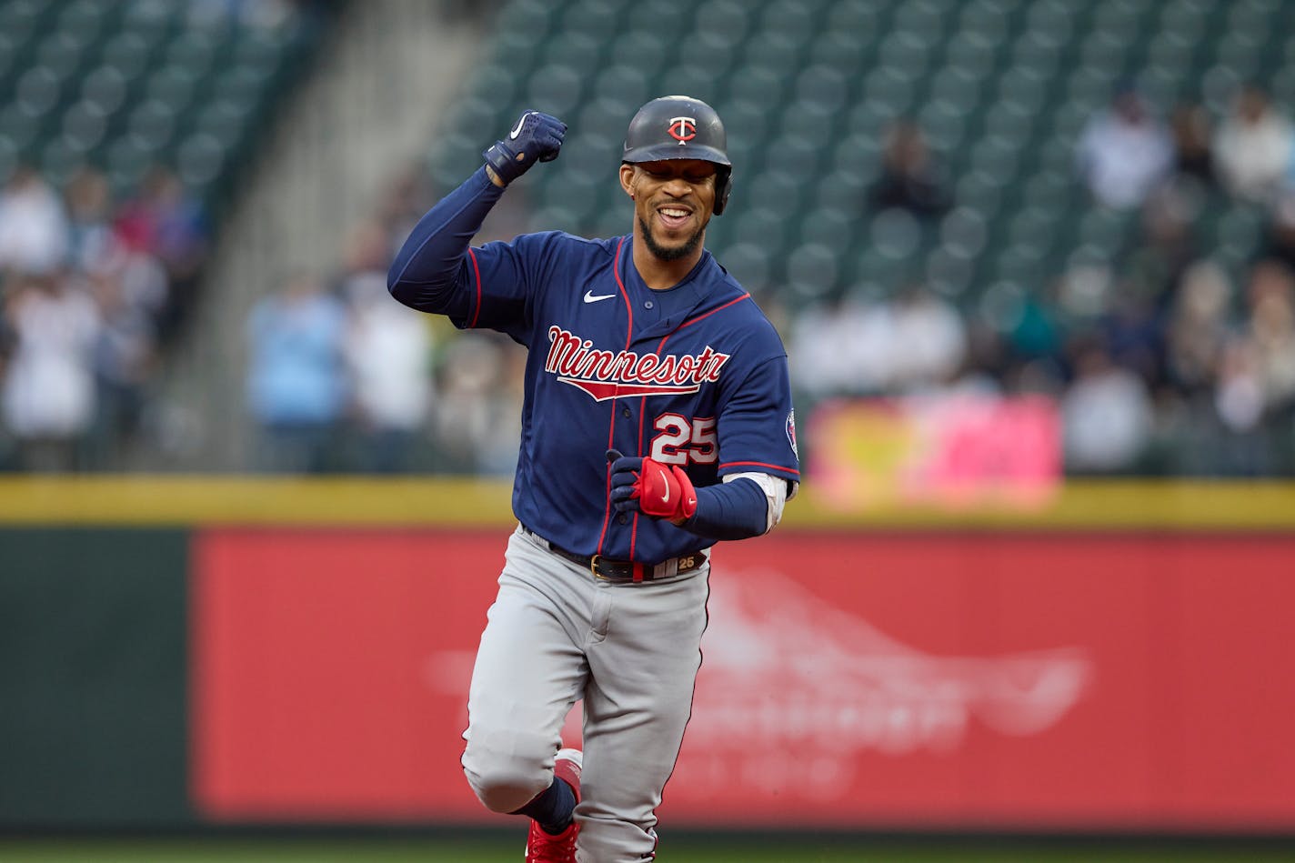 Minnesota Twins'. Byron Buxton rounds the bases after hitting a two-run home run off a pitch from Seattle Mariners starter Chris Flexen during the first inning of a baseball game, Monday, June 13, 2022, in Seattle. (AP Photo/John Froschauer) ORG XMIT: WAJF102