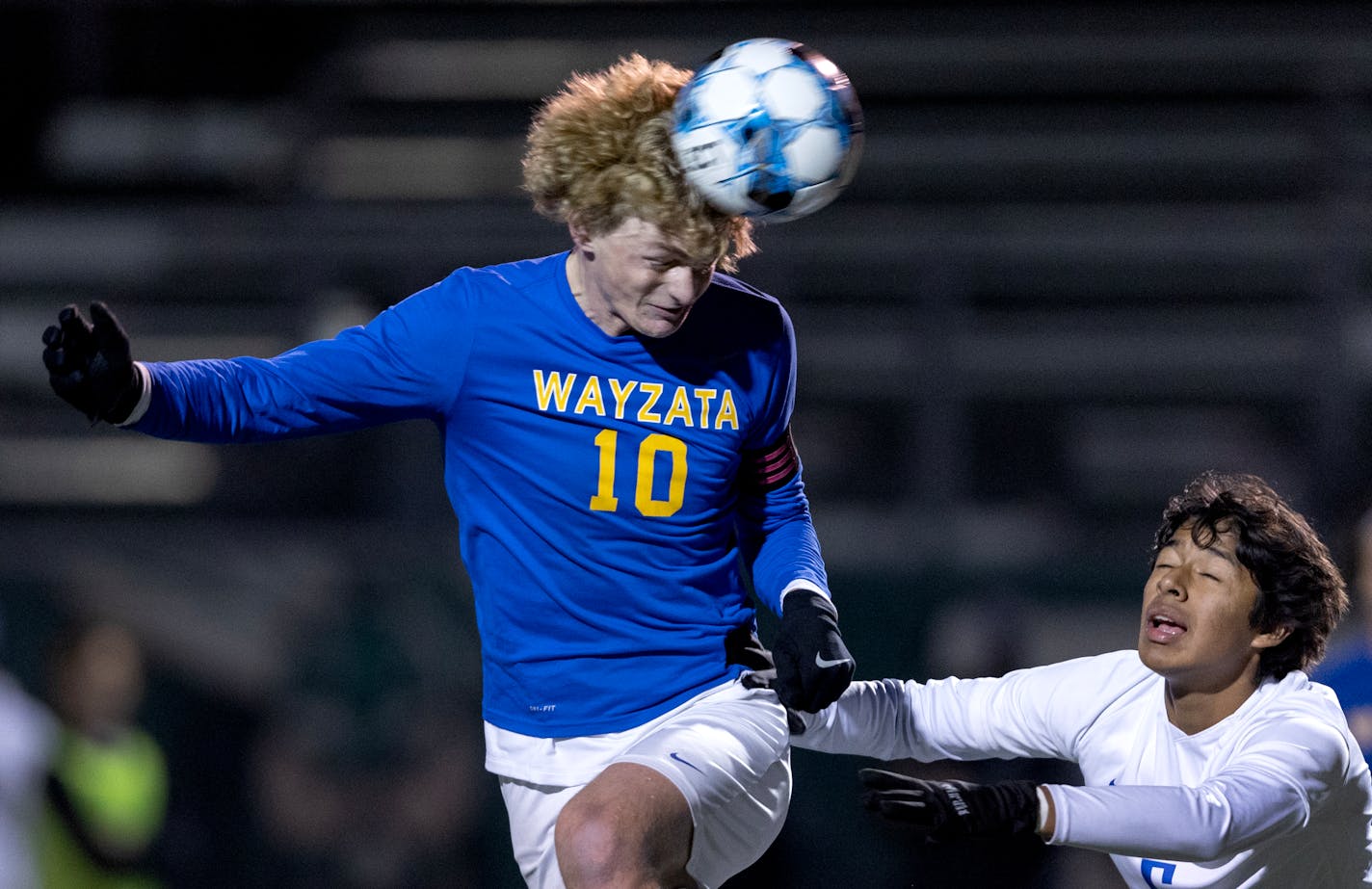 Joe Highfield (10) of Wayzata heads the ball in the first half during the Boys Class 3A quarterfinal Tuesday, October 25, 2022, at Kuhlman Stadium in Edina, Minn. ] CARLOS GONZALEZ • carlos.gonzalez@startribune.com.