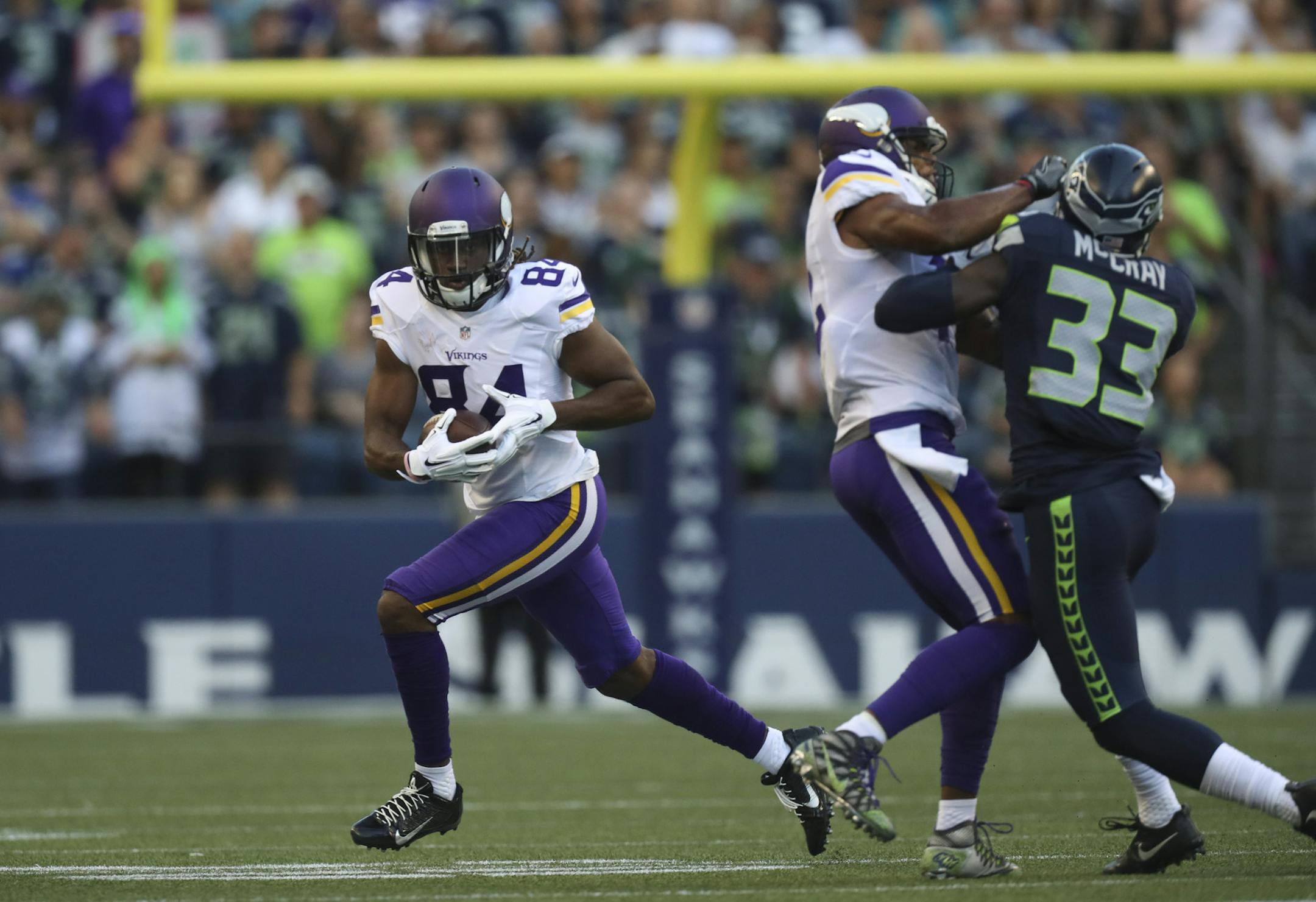 Vikings wide receiver Cordarrelle Patterson (84) caught a pass for a five yard gain during the Vikings' first drive in the first quarter Thursday night. ] JEFF WHEELER ï jeff.wheeler@startribune.com The Minnesota Vikings faced the Seattle Seahawks in their second NFL preseason game of the year Thursday night, August 18, 2016 at CenturyLink Field in Seattle.