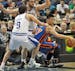 Minnesota Timberwolves vs. New York Knicks. Wolves Ricky Rubio, left and Nikola Pekovic put the defensive squeeze on Knicks Jeremy Lin.
