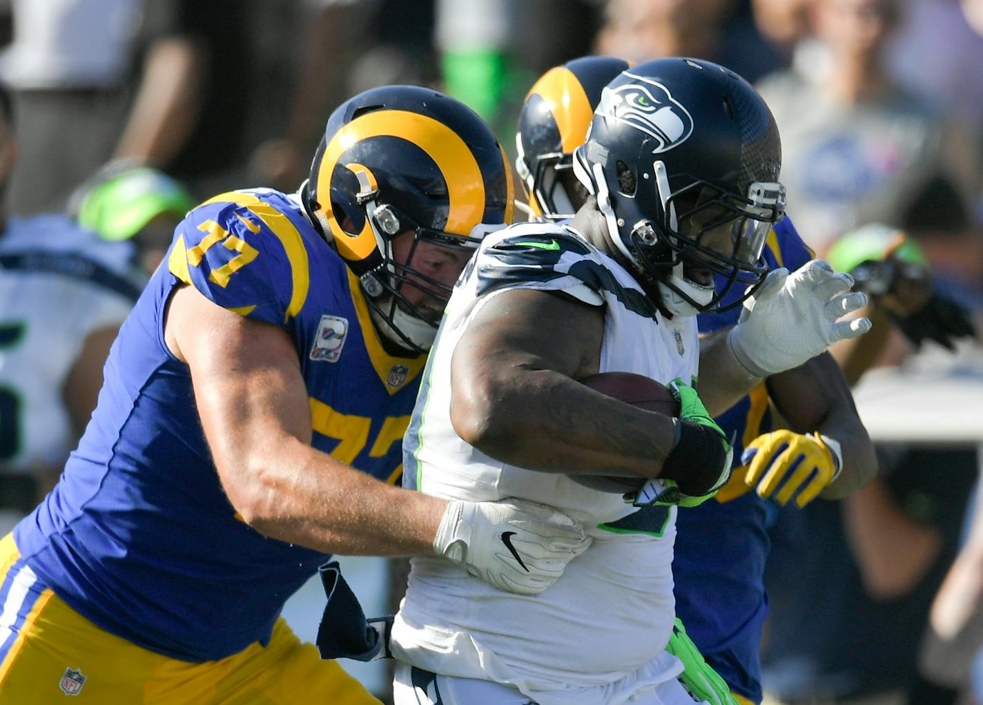 Seattle Seahawks defensive tackle Sheldon Richardson is tackled after recovering a fumble against the Los Angeles Rams during the second half of an NFL football game Sunday, Oct. 8, 2017, in Los Angeles.(AP Photo/Mark J. Terrill)