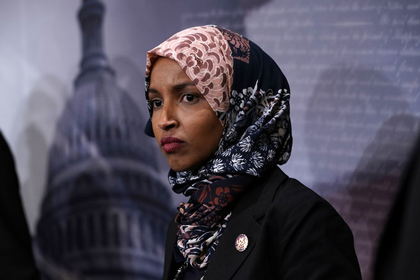 U.S. Rep. Ilhan Omar (D-MN) listens during a news conference on prescription drugs January 10, 2019 at the Capitol in Washington, DC. (Alex Wong/Getty Images/TNS) *FOR USE WITH THIS STORY ONLY* ORG XMIT: 1357980