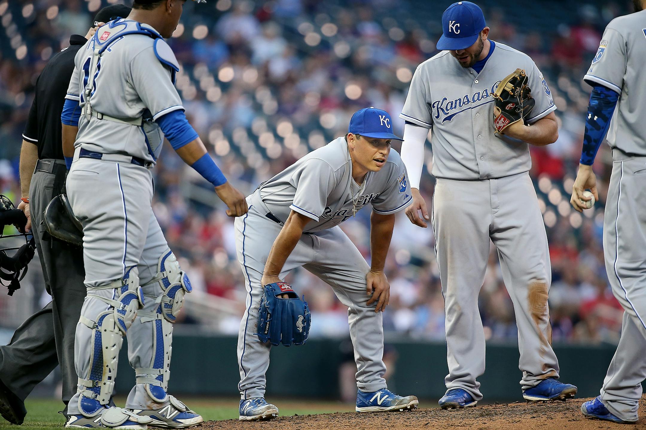 Kansas City Royals starting pitcher Jason Vargas took a moment to regroup on the mound after being hit by a line drive in the fifth inning as the Twins took on Kansas City, Monday, June 8, 2015 at Target Field in Minneapolis, MN.
