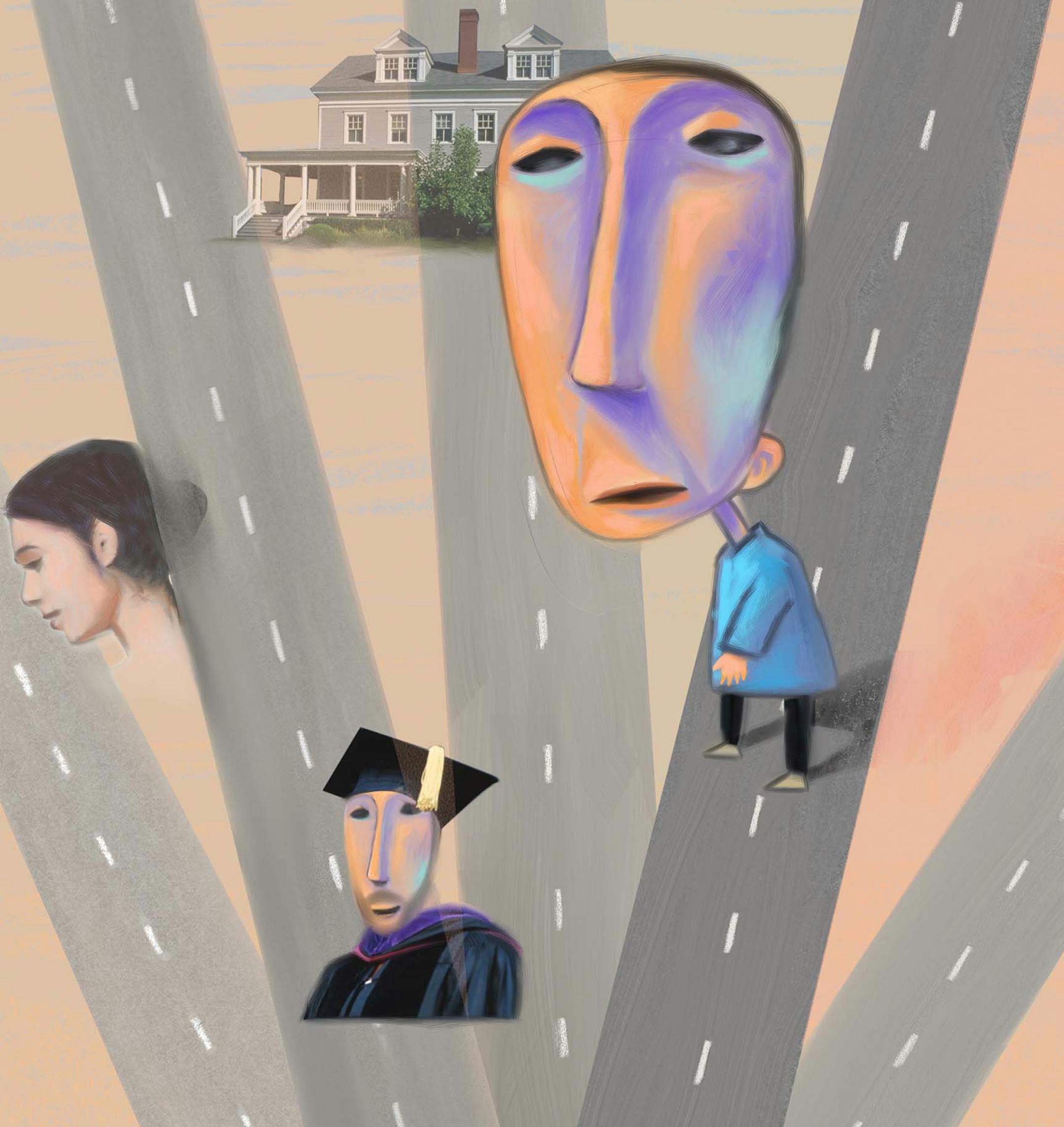 300 dpi 3 col x 7.25 in / 146x184 mm / 497x626 pixels Kirk Lyttle color illustration of man standing on one road and looking at other paths he could have taken; paths lead to a woman, a graduate and a home. St. Paul Pioneer Press 2002 <p> KEYWORDS: krtcampus regrets career life choice planning graduate graduation woman road path house decision illustration sentimiento remordimiento carrera eleccion preferencia planificacion graduado vida mujer calle casa ilustracion grabado contributed lyttle sp