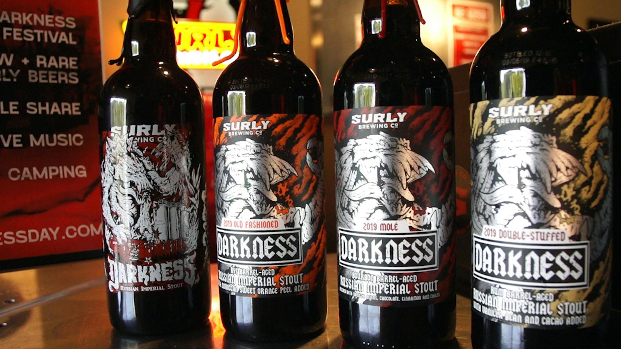 Surly's 2019 line of its popular Surly Darkness beers, including the original brew and three variants.