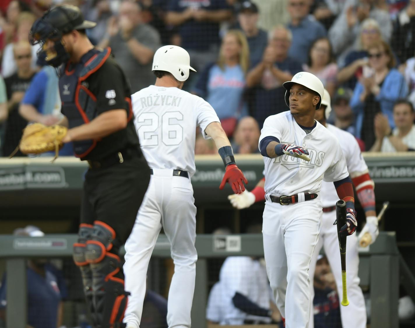 Twins right fielder Max Kepler celebrated with shortstop Jorge Polanco after Kepler hit a home run in the bottom of the first inning against the Detroit Tigers last month.