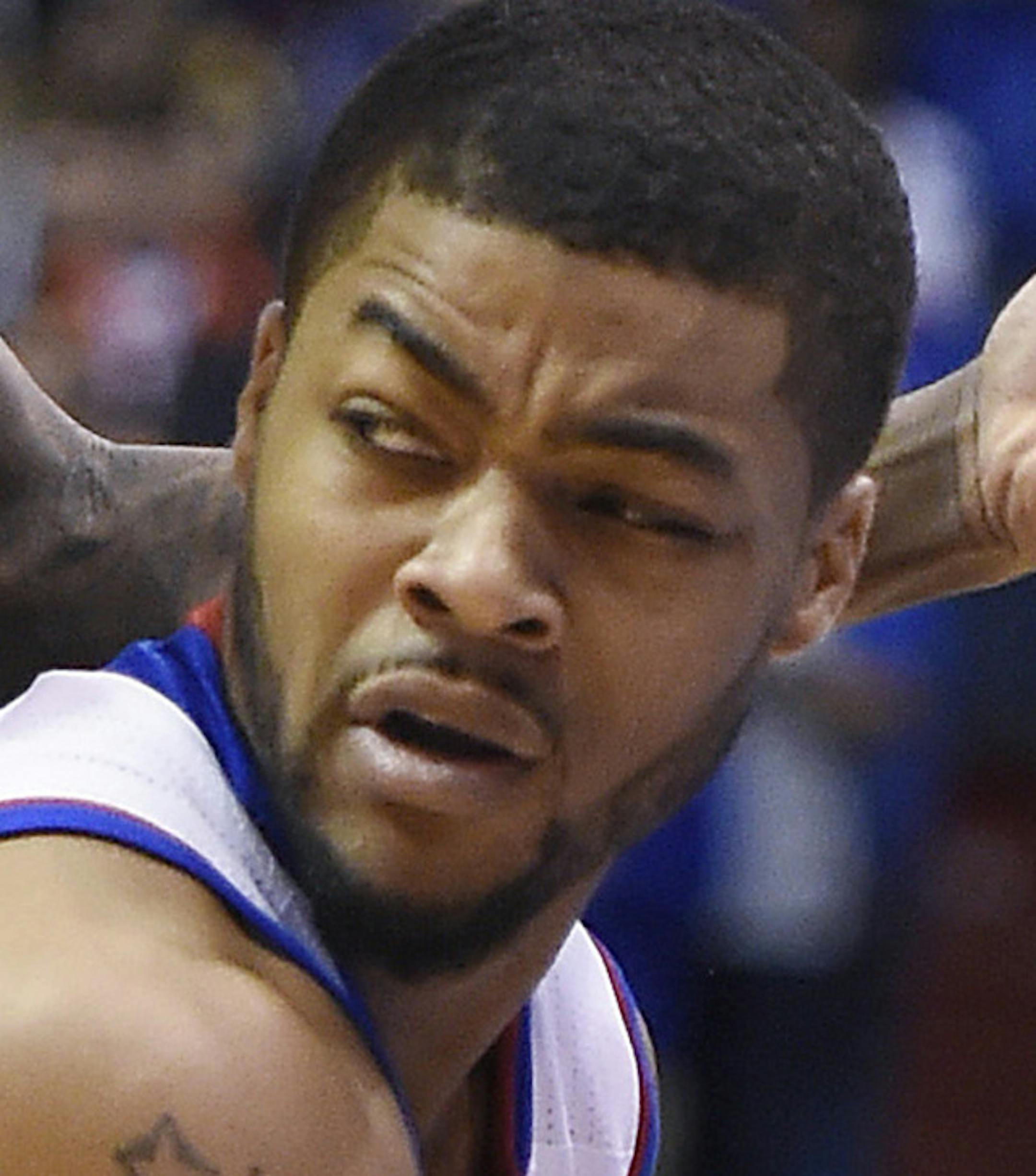 Kansas' Frank Mason looks for an open teammate while Baylor's Taurean Prince, left, applies pressure during the first half at Allen Fieldhouse in Lawrence, Kan., on Saturday, Jan. 2, 2016. KU won, 102-74. (Rich Sugg/Kansas City Star/TNS) ORG XMIT: 1178827
