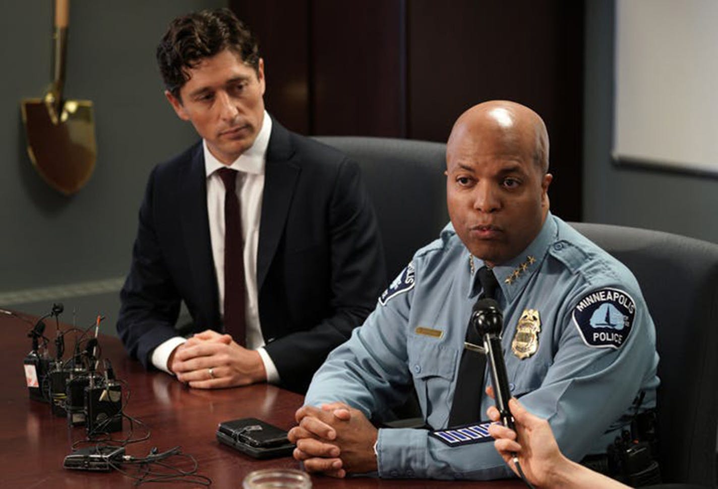 Minneapolis Mayor Jacob Frey, left, and Police Chief Medaria Arradondo. A commissioner of a police oversight board says the city has wrongfully withheld misconduct complaints against police officers from the public for years.