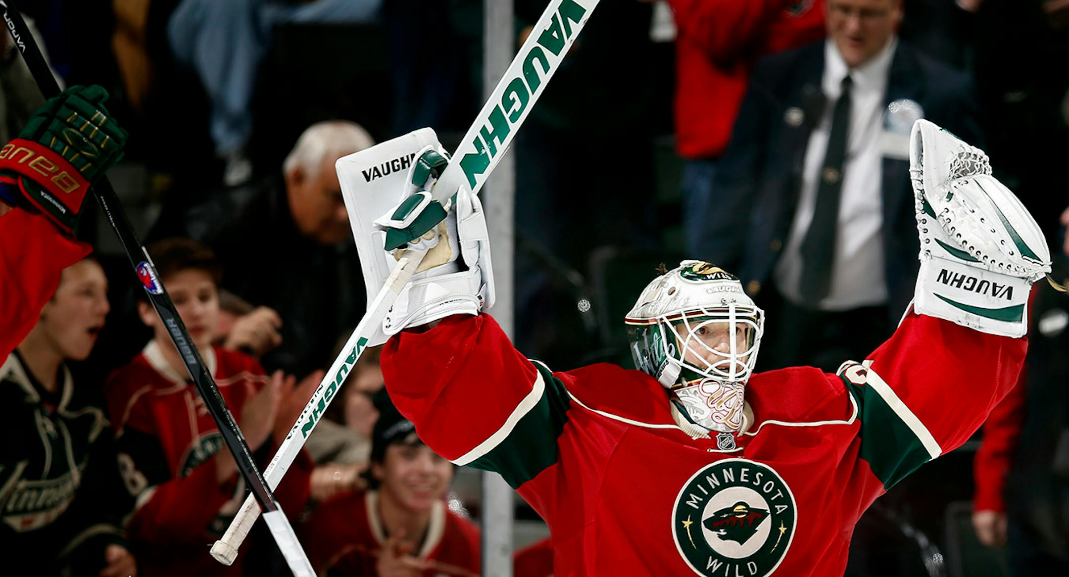 Minnesota Wild goalie John Curry celebrated at the end of the game. Minnesota beat St. Louis by a final score of 4-2.