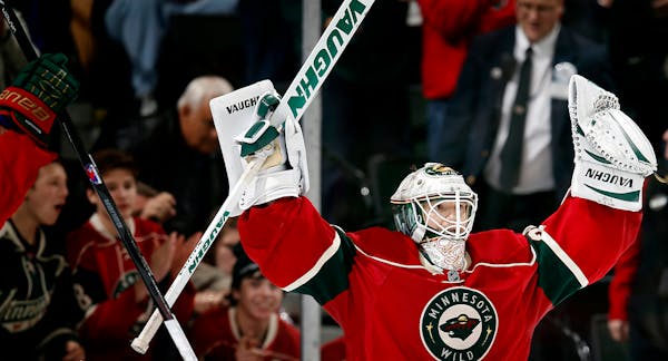 Minnesota Wild goalie John Curry celebrated at the end of the game. Minnesota beat St. Louis by a final score of 4-2.