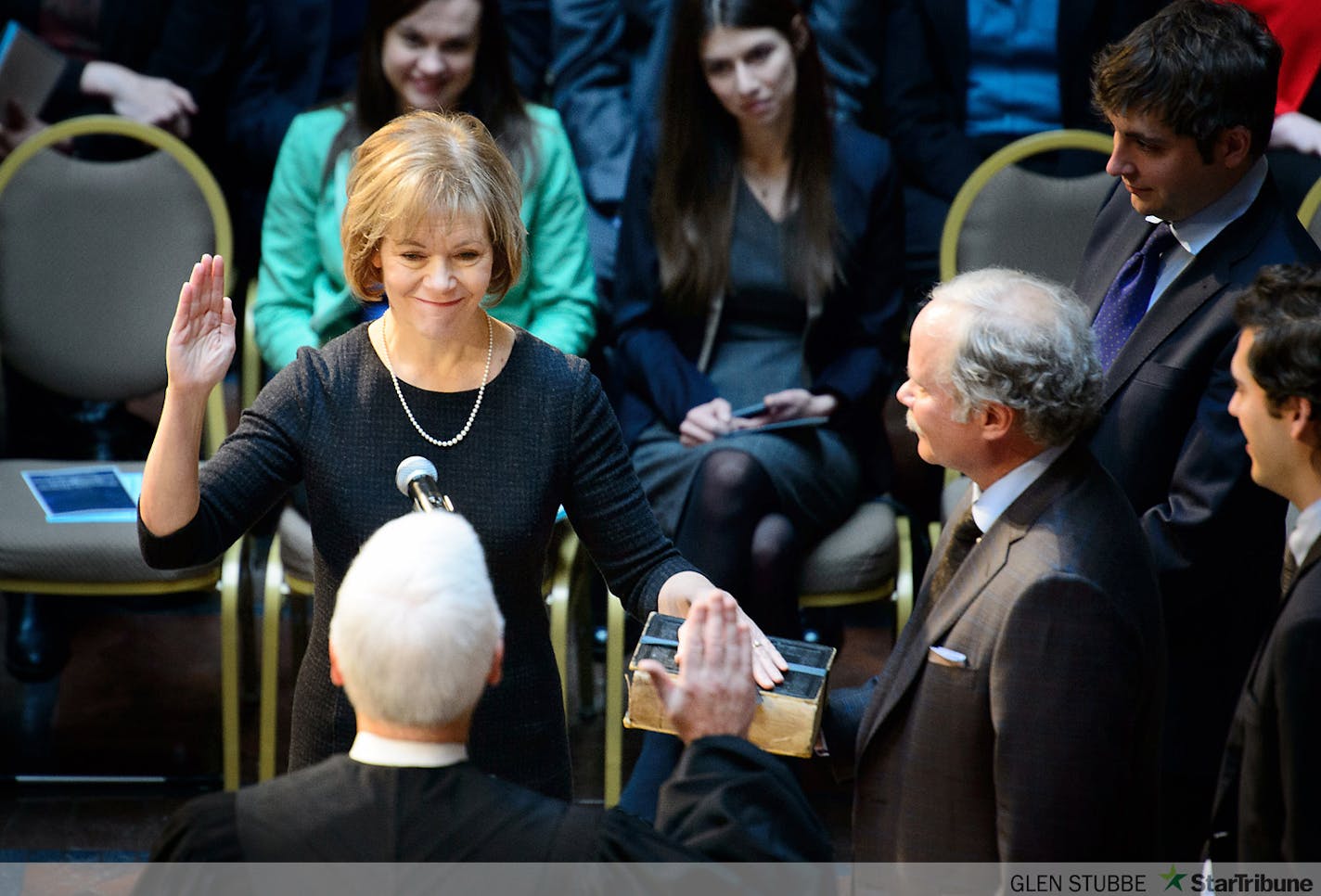 Lt. Governor Tina Smith is sworn in.       ]   GLEN STUBBE * gstubbe@startribune.com   Monday January 5,  2015   Next Monday, January 5, Governor Mark Dayton and Lt. Governor-Elect Tina Smith will take the oath of office at an official inauguration ceremony beginning at 12:00pm at the Landmark Center in St. Paul.  138026