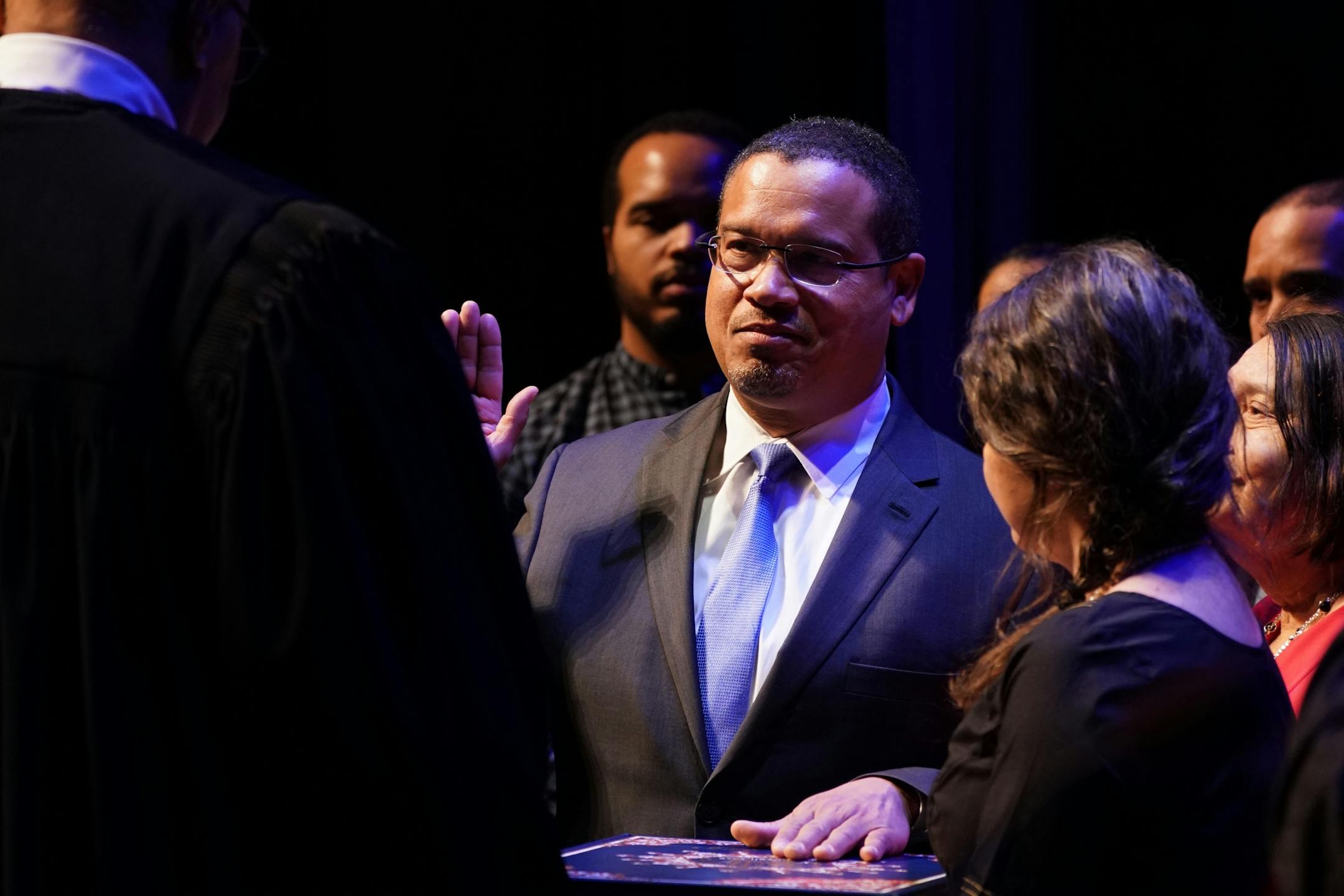 Attorney General Keith Ellison took the oath of office at the Fitzgerald Theater in St. Paul, Minn.