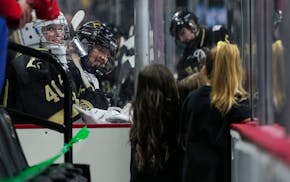 Andover players Olivia Nedved (40) and Sophia Menne smiled at some girls who came to watch them on the bench through the glass in the second period Fr
