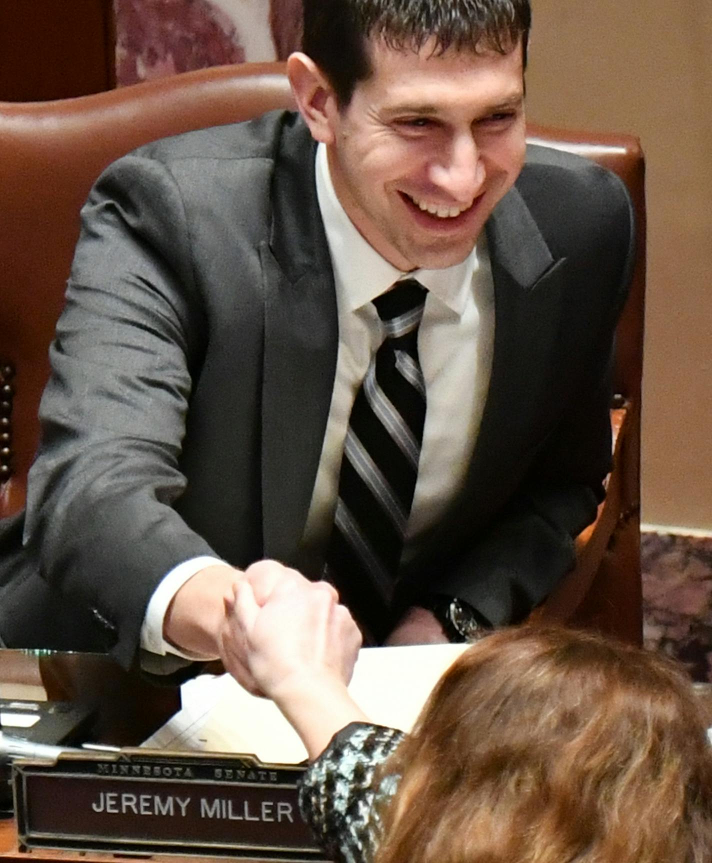 Sen. Jeremy Miller,R-Winona, chief author of the Sunday liquor bill is congratulated by other Senators. Sunday Liquor bill passes the Senate 38-28. ] GLEN STUBBE &#xa5; glen.stubbe@startribune.com Monday February 27, 2017 Bill to repeal the ban on Sunday liquor store sales hits the Senate floor. Passage means the Sunday ban, in place since statehood, is likely gone. Voting to lift the ban on liquor stores being open on Sundays. Chief author is Sen. Jeremy Miller