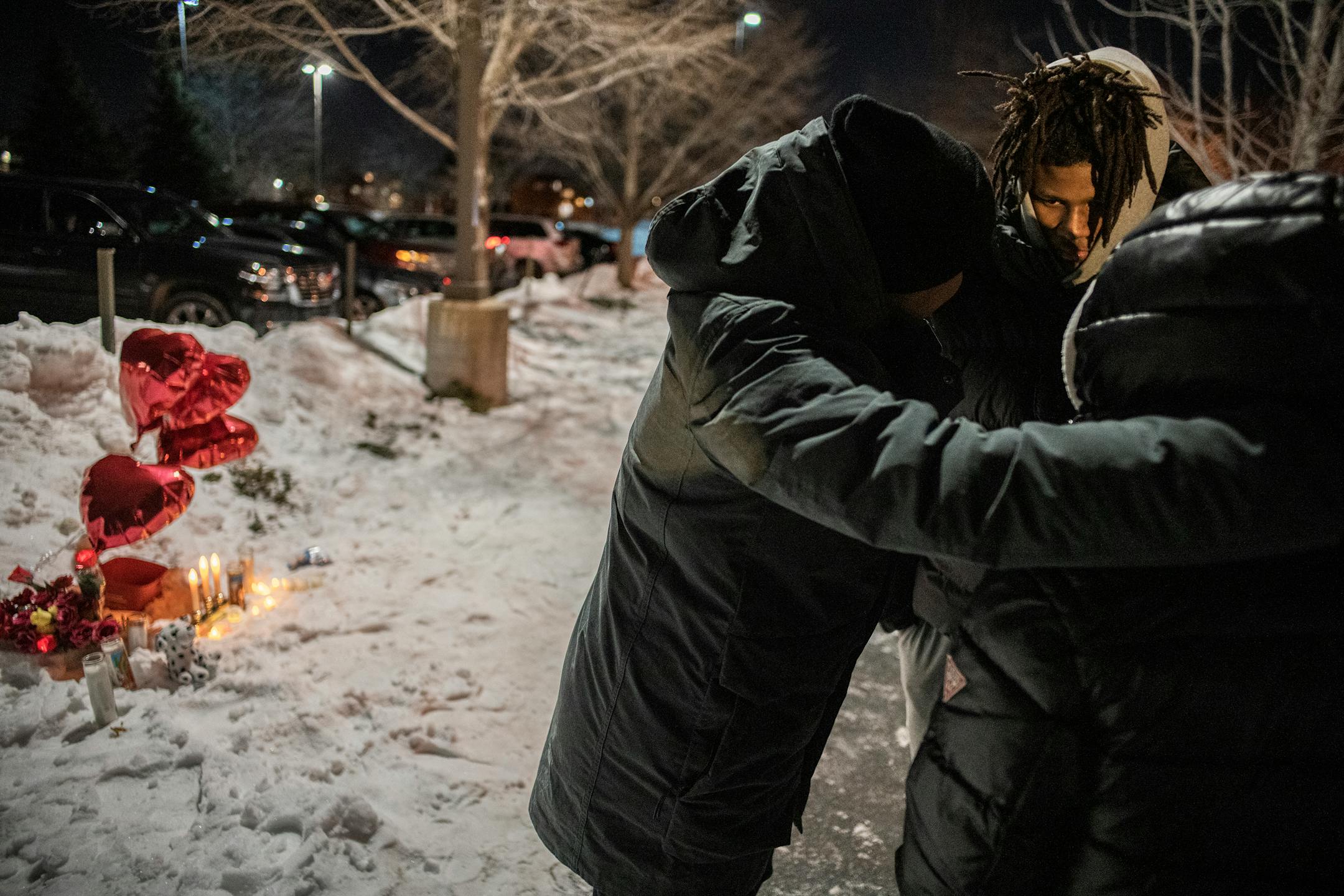Merrick Woods, facing camera, mourns the the shooting death of good friend Jahmari Rice who was killed in a shooting outside South Education Center, in Richfield, Minn., on Tuesday, Feb. 1, 2022. The two have known each other since 7th grade and played football together. ] RICHARD TSONG-TAATARII • richard.tsong-taatarii@startribune.com