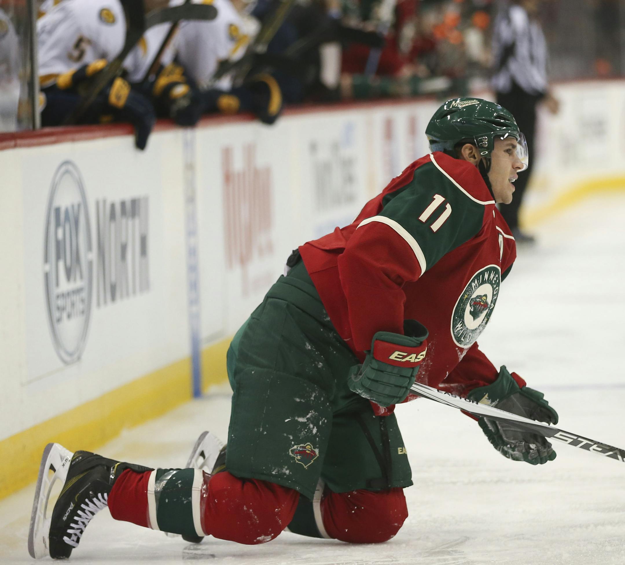 Wild left wing Zach Parise (11) struggled to get to his feet after a hit into the boards in the first period Thursday night. ] JEFF WHEELER &#xef; jeff.wheeler@startribune.com The Minnesota Wild faced the Nashville Predators in an NHL hockey game Thursday night, November 5, 2015 at Xcel Energy Center in St. Paul.