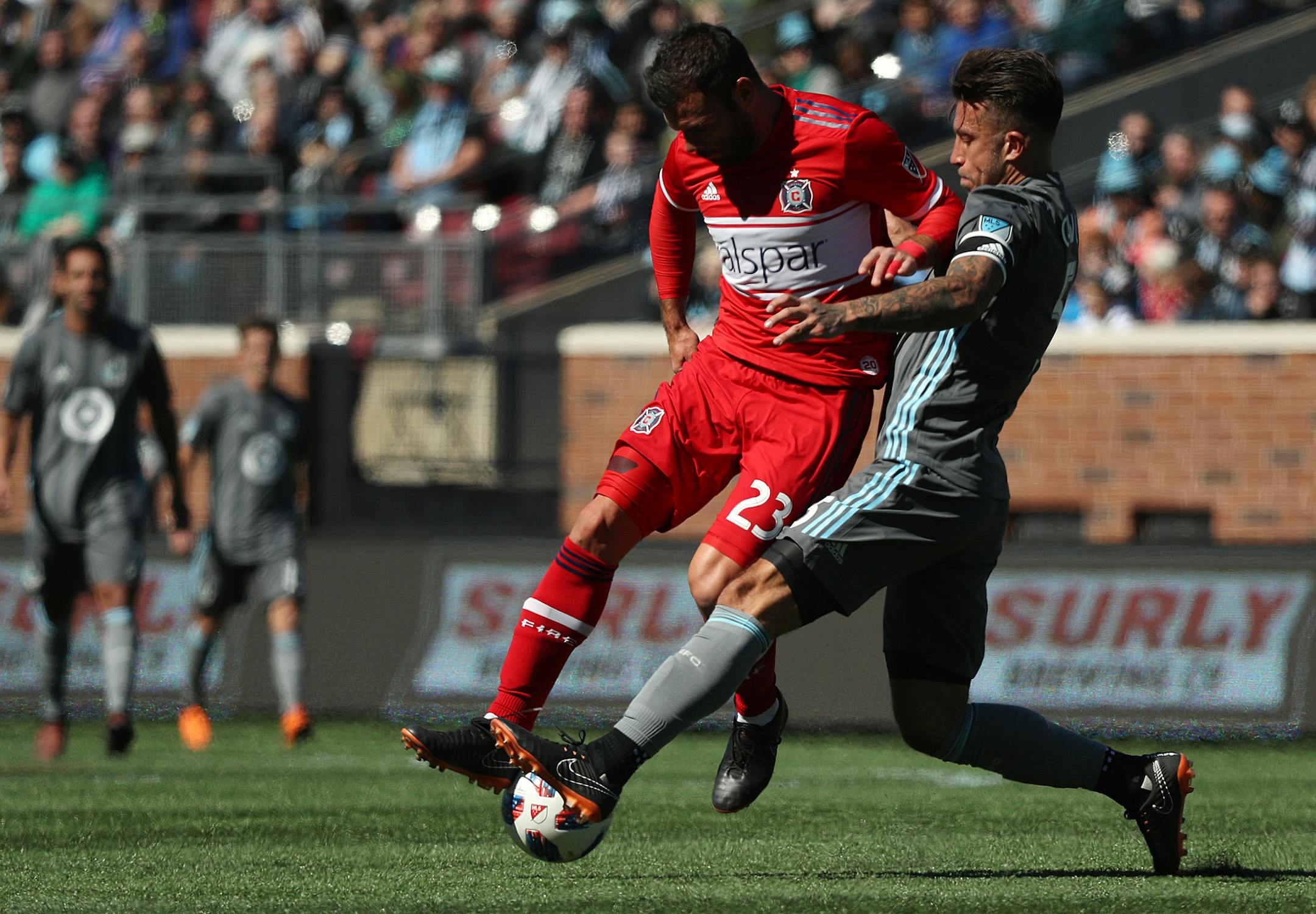 Minnesota United defender Francisco Calvo (5) and Chicago Fire forward Nemanja Nikolic (23) fought for the ball in the first half. ] ANTHONY SOUFFLE ï anthony.souffle@startribune.com The Minnesota United played the Chicago Fire in the season's home opener MLS match Saturday, March 17, 2018 at TCF Bank Stadium in Minneapolis.