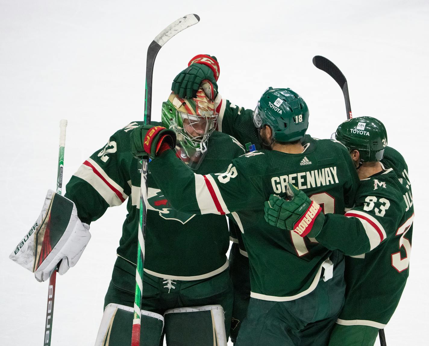 After sealing the win with a save, Minnesota Wild goaltender Filip Gustavsson (32) was congratulated by his teammates. The Minnesota Wild beat the New York Islanders 2-1 in a shootout in an NHL hockey game Tuesday night, February 28, 2023 at Xcel Energy Center in St. Paul. ] JEFF WHEELER • jeff.wheeler@startribune.com