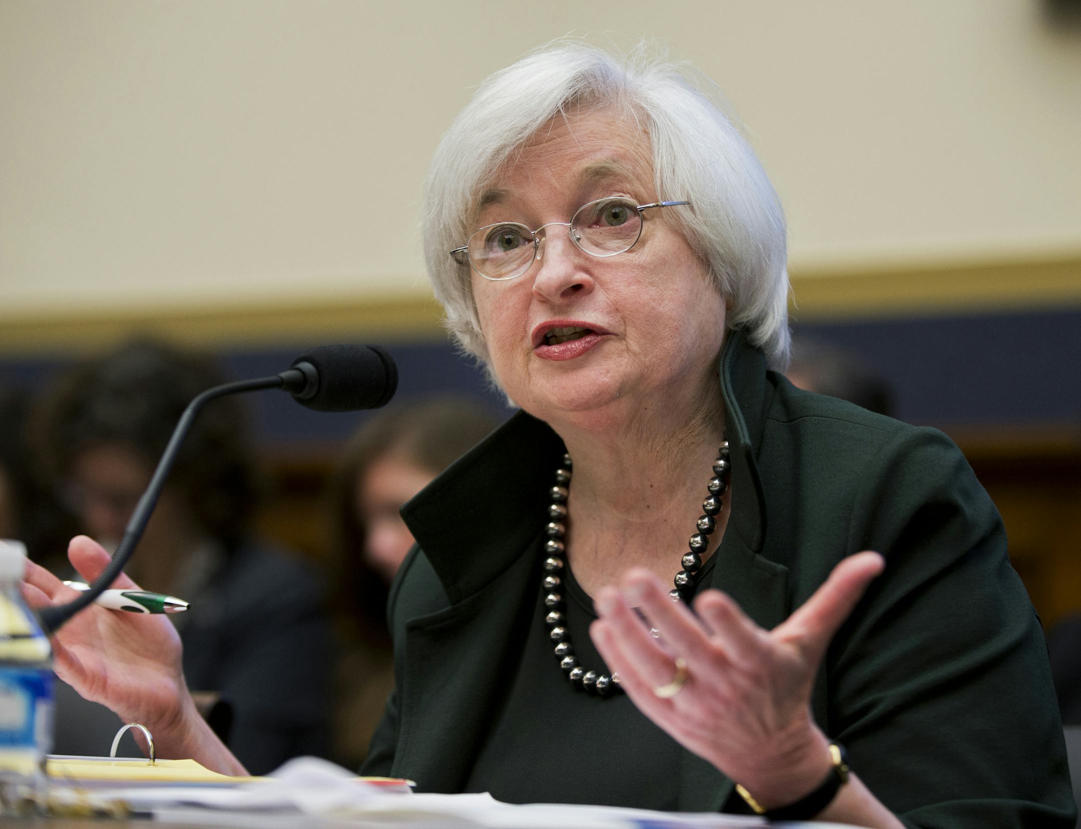 Federal Reserve Chair Janet Yellen testifies on Capitol Hill in Washington, Wednesday, July 15, 2015, before the House Financial Services Committee hearing on monetary policy and the state of the economy. Yellen told the committee that if the central bank waits until 2016 to begin raising rates, it could mean that subsequent hikes might occur more rapidly. (AP Photo/Manuel Balce Ceneta)