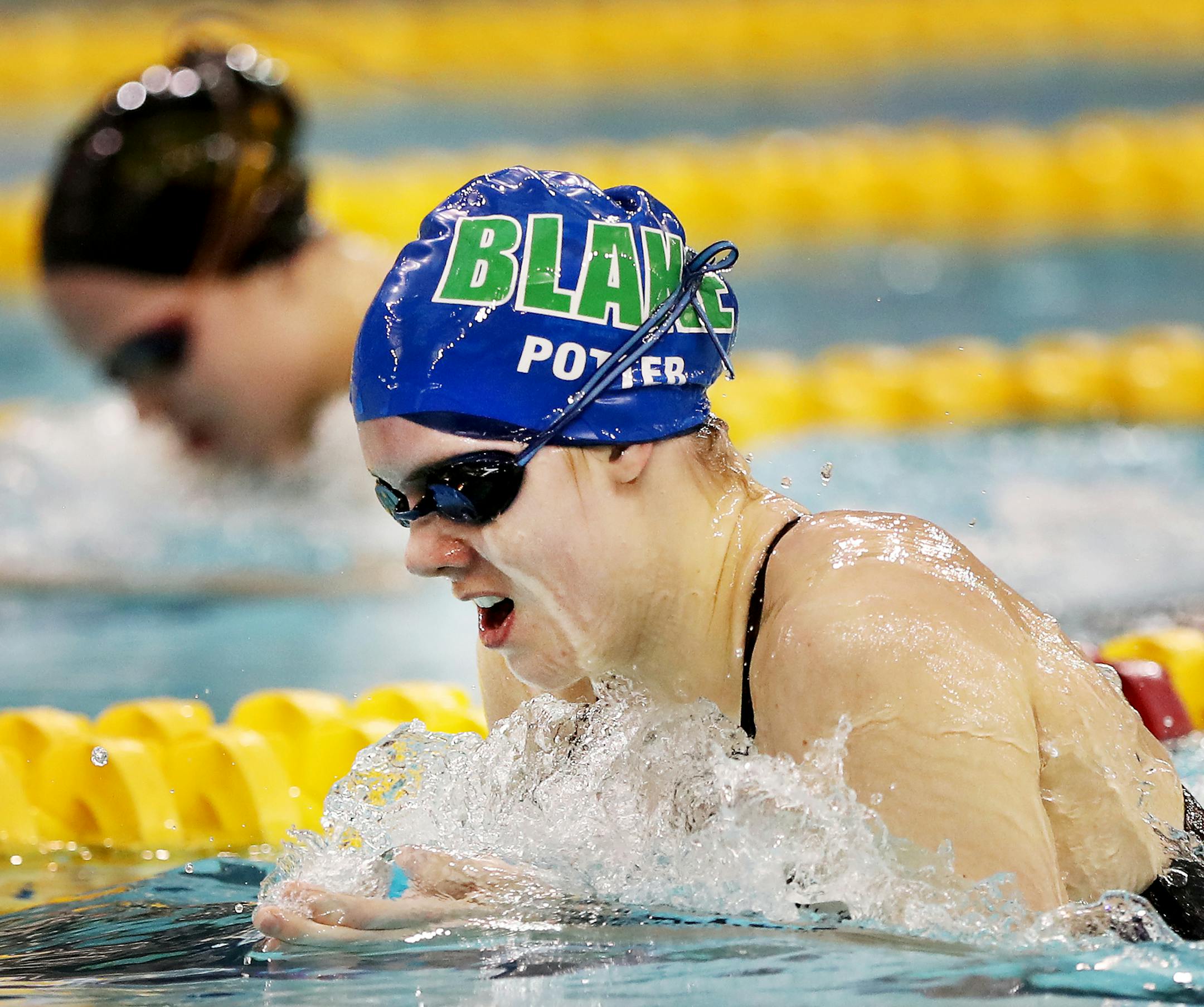 Madison Potter of Blake School swam the breast stroke during the Girls 200 yard IM during the Girls' swimming state meet prelims, Class 1A Friday, Nov. 17, 2017, at the Jean K. Freeman Aquatic Center in Minneapolis, MN. Potter finished 2nd in the event with a time of 2:06.54.] DAVID JOLES ï david.joles@startribune.com Girls' swimming state meet prelims, Class 1A