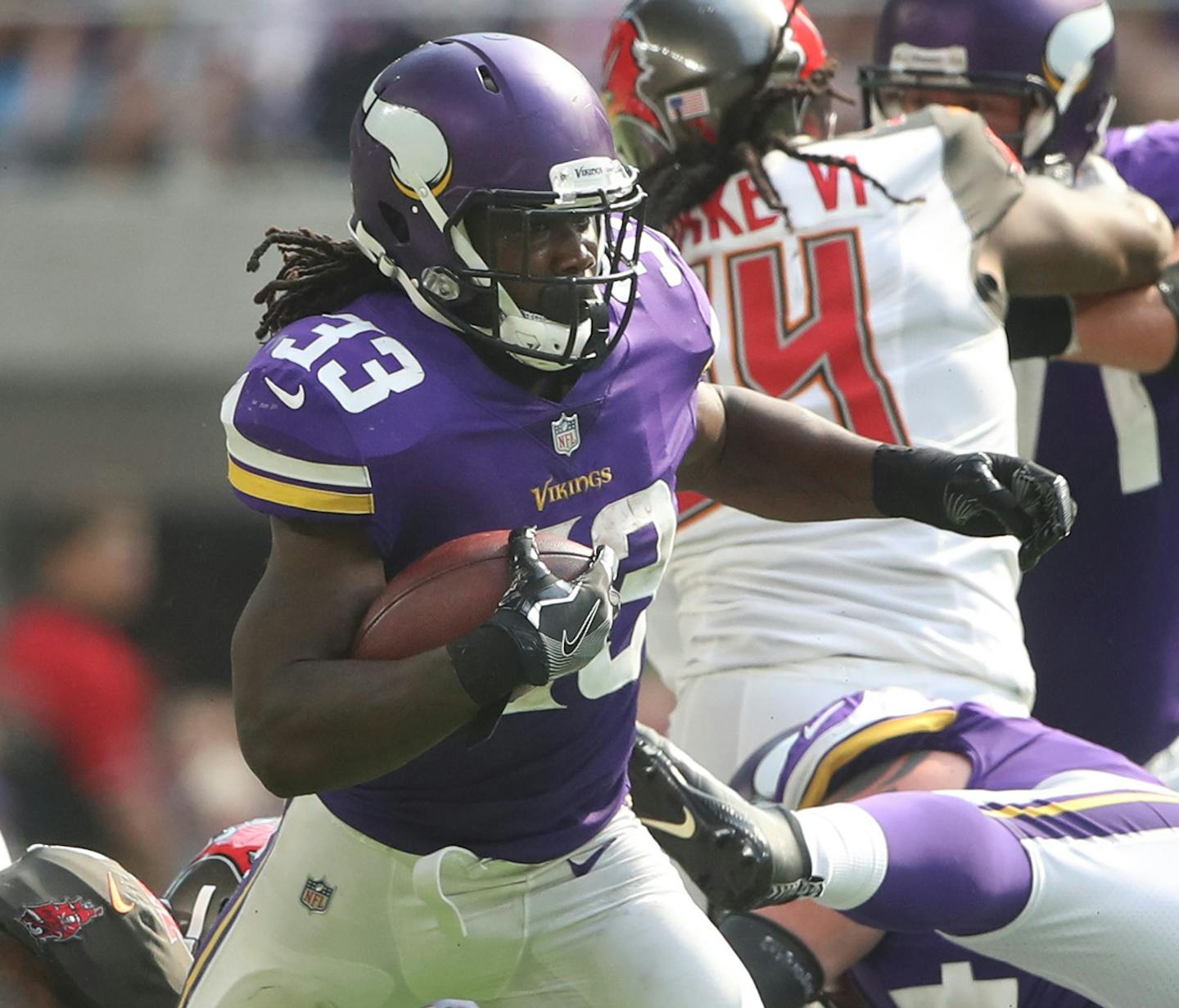 Minnesota Vikings running back Dalvin Cook (33) picked up a first down in the forth quarter at U.S. Bank Stadium Sunday September 24,2017 in Minneapolis ,MN. ] JERRY HOLT &#xef; jerry.holt@startribune.com Jerry Holt