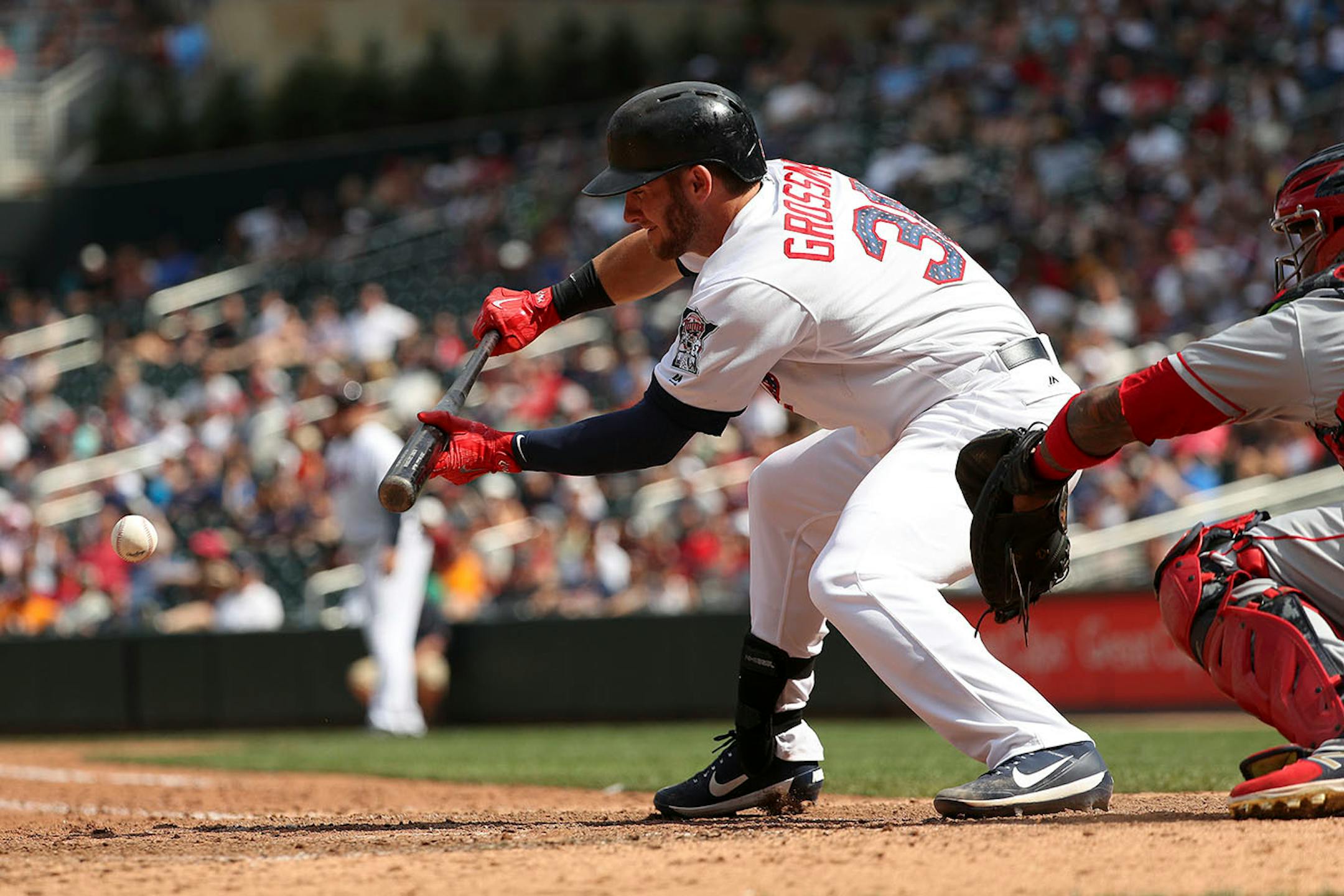Minnesota Twins catcher Chris Gimenez (38) bunted in the eighth inning.