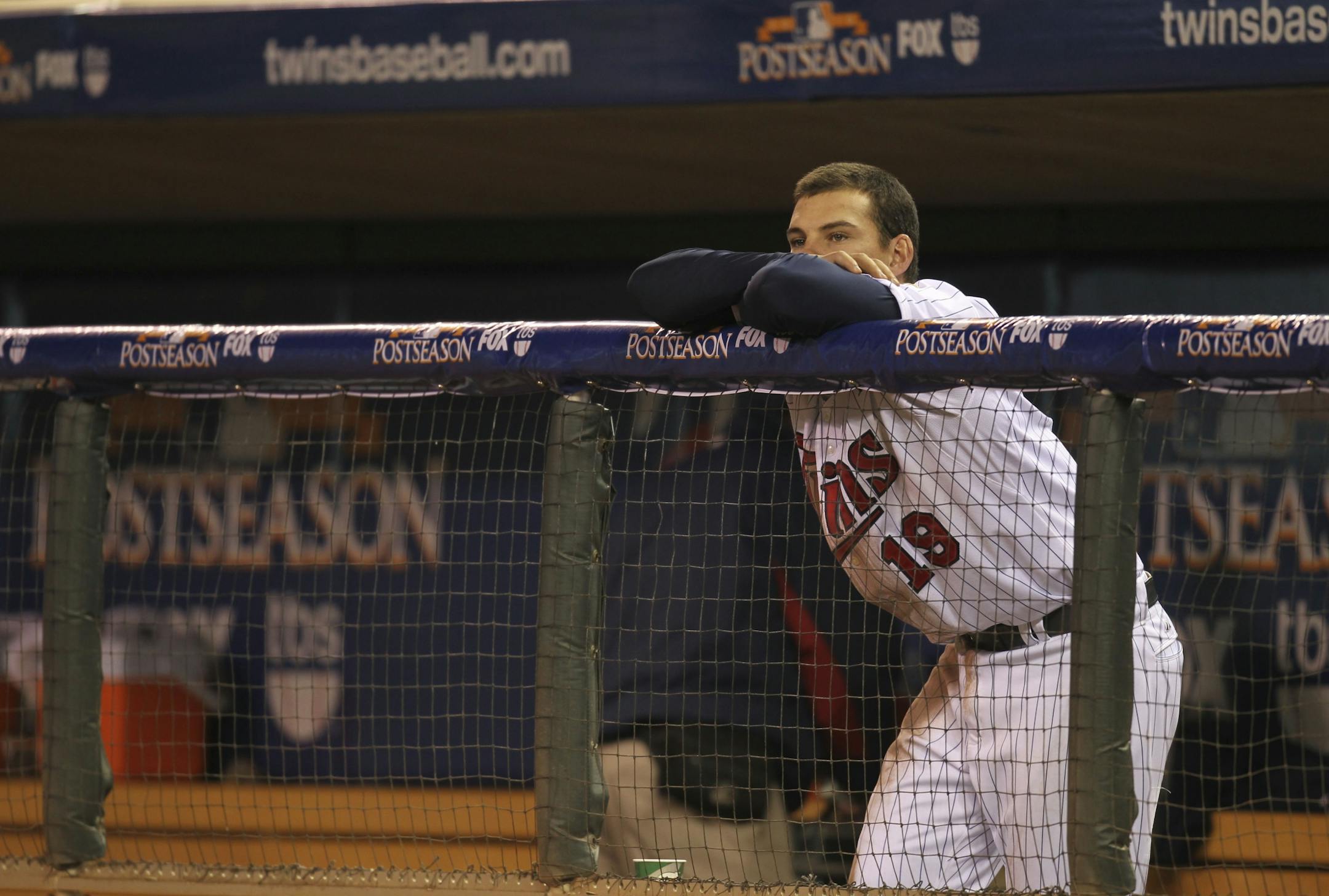 Twins Danny Valencia looks out at the field after a 6-4 loss to New York in Game 1 of the American League Division Series playoff.