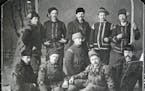 The "Sky Crashers" of the Aurora Ski Club, photographed in Red Wing, circa 1890. The Hemmestveit brothers, Mikkel and Torjus (upper right standing) we