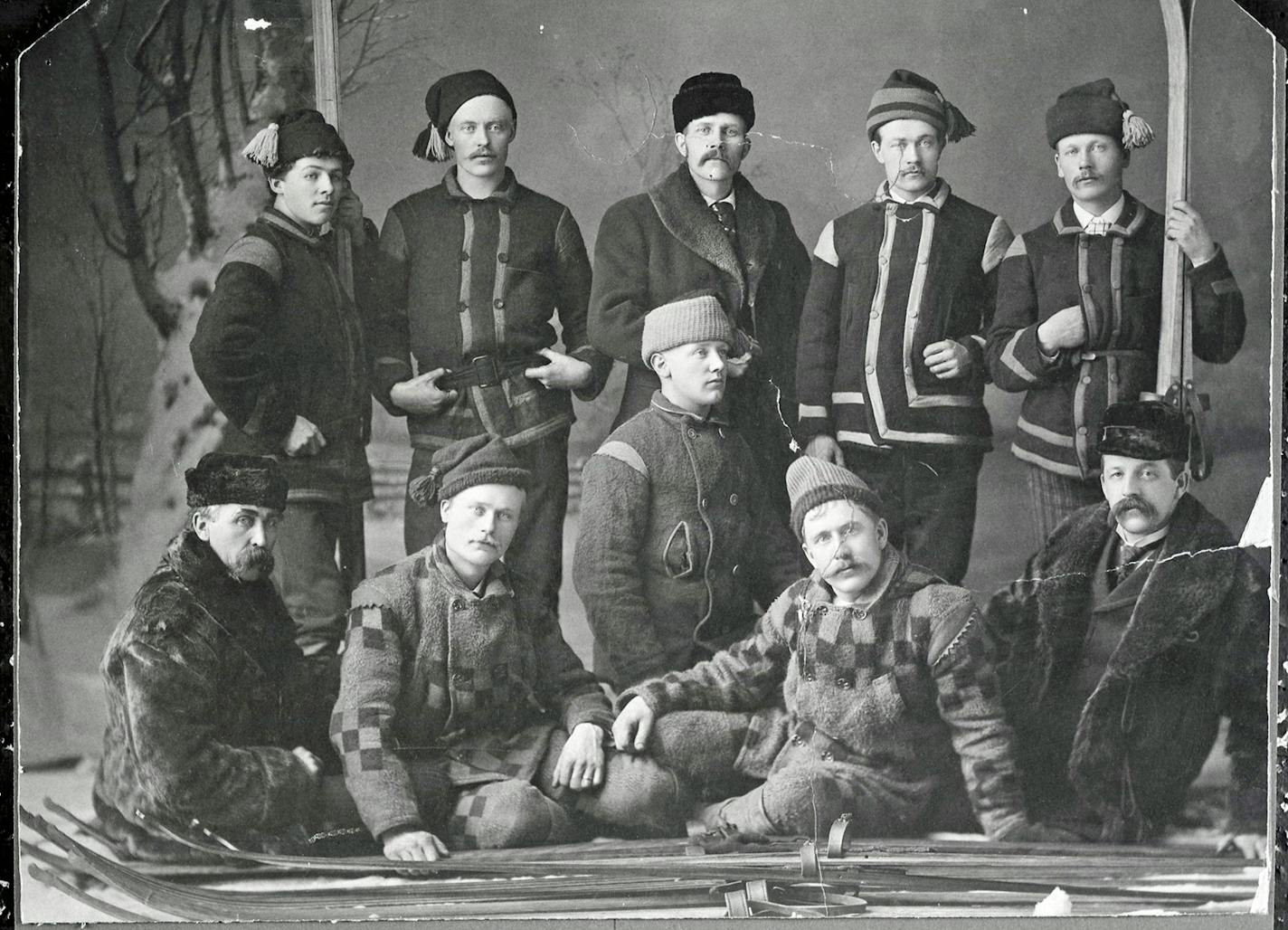 The "Sky Crashers" of the Aurora Ski Club, photographed in Red Wing, circa 1890. The Hemmestveit brothers, Mikkel and Torjus (upper right standing) were telemark phenoms on both sides of the Atlantic.