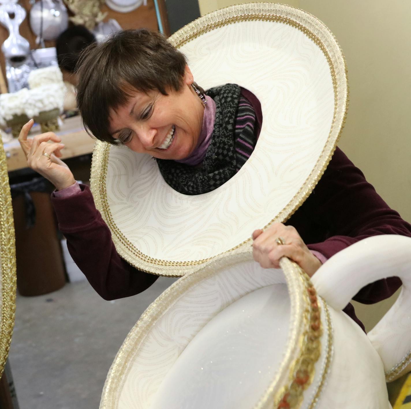 Rich Hamson, costume designer and Nanci Asilts from the costume crafts department at the Chanhassen dinner theater props department. The take a break from the of the 'Beauty and the Beast' work, goes to the extreme. ] Chanhassen opens "Beauty and the Beast" on Friday and it's the chance for the costume department to really stretch its legs, pulling out all the stops creating great costumes to the tiniest details. [ STAR TRIBUNE PHOTOS BY TOM WALLACE &#x2022; tom.wallace@startribune.com