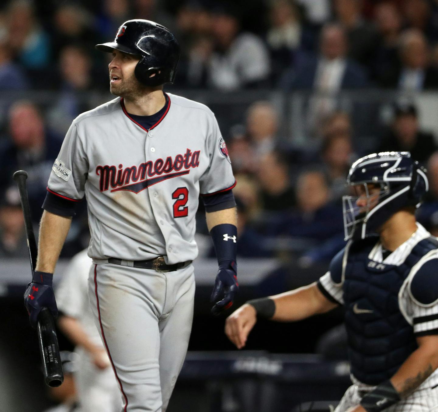 The Minnesota Twins' Brian Dozier (2) reacts after a strike out in the sixth inning against the New York Yankees during the American League Wild Card game at Yankee Stadium in New York on Tuesday, Oct. 3, 2017. (Anthony Souffle/Minneapolis Star Tribune/TNS) ORG XMIT: 1212512